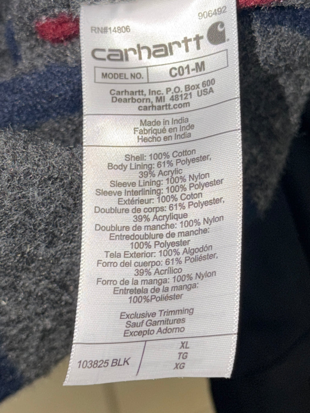 Carhartt 103825 C01-M Chore Coat Men’s XL Black Blanket Lined Duck Jacket NWOT