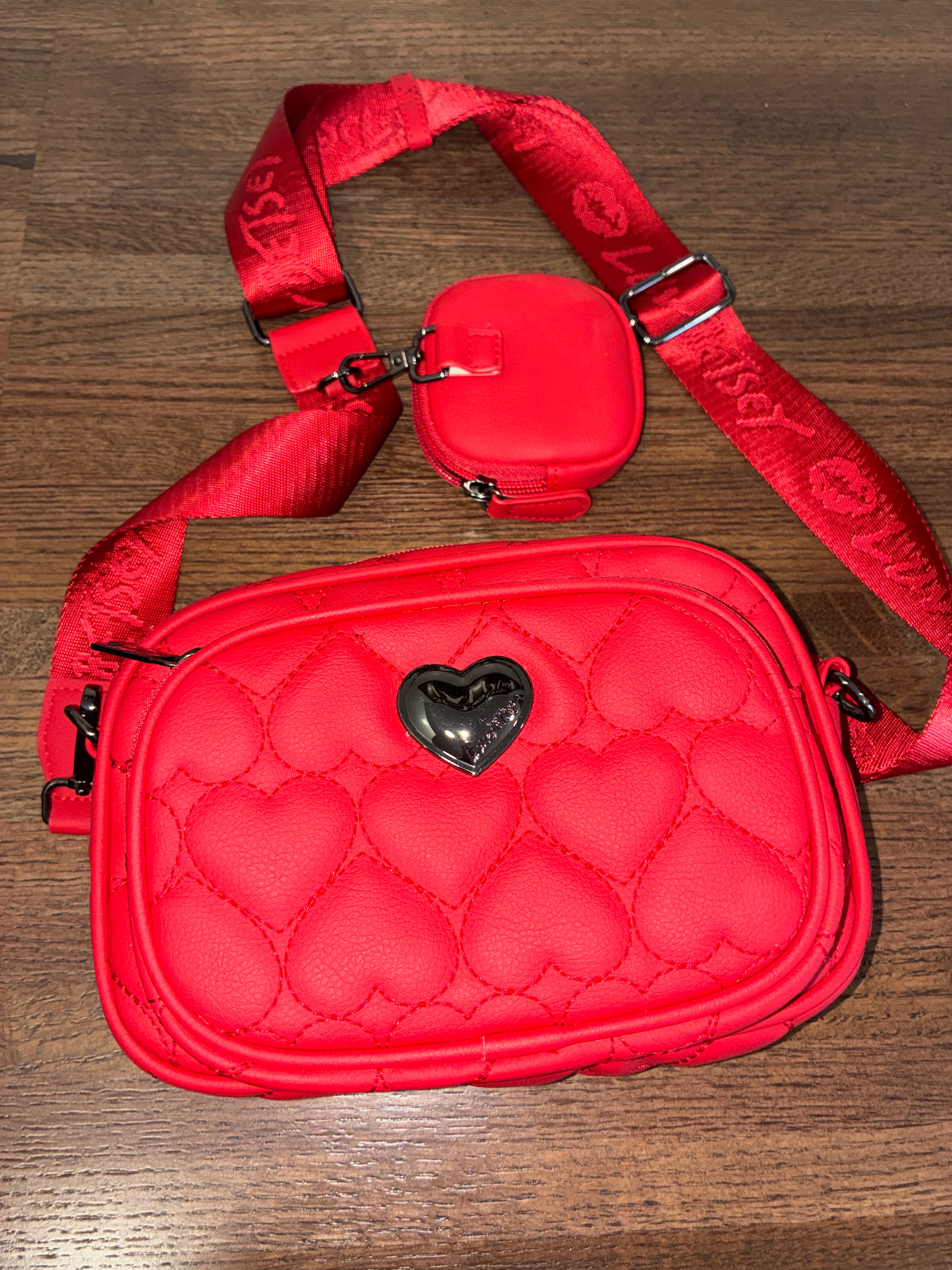 Luv Betsey Heart Quilted Crossbody Camera Bag Red Pink with Mini Pouch