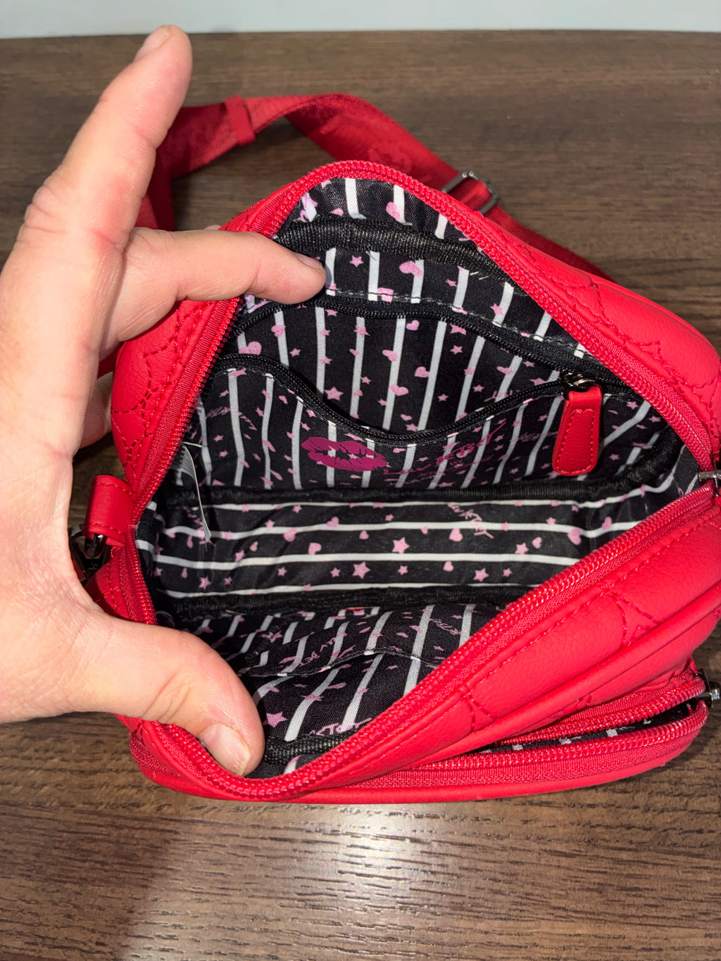 Luv Betsey Heart Quilted Crossbody Camera Bag Red Pink with Mini Pouch