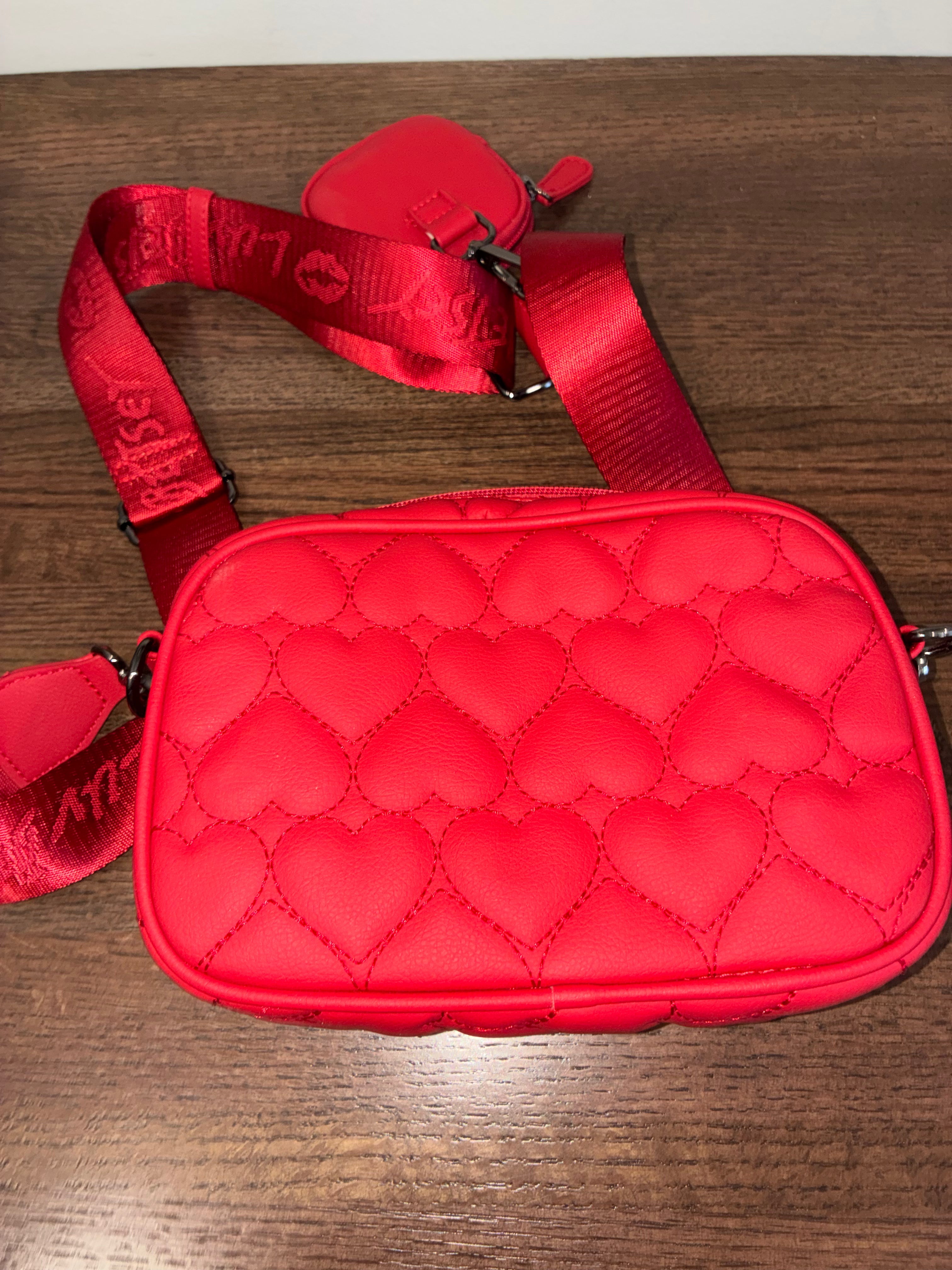 Luv Betsey Heart Quilted Crossbody Camera Bag Red Pink with Mini Pouch