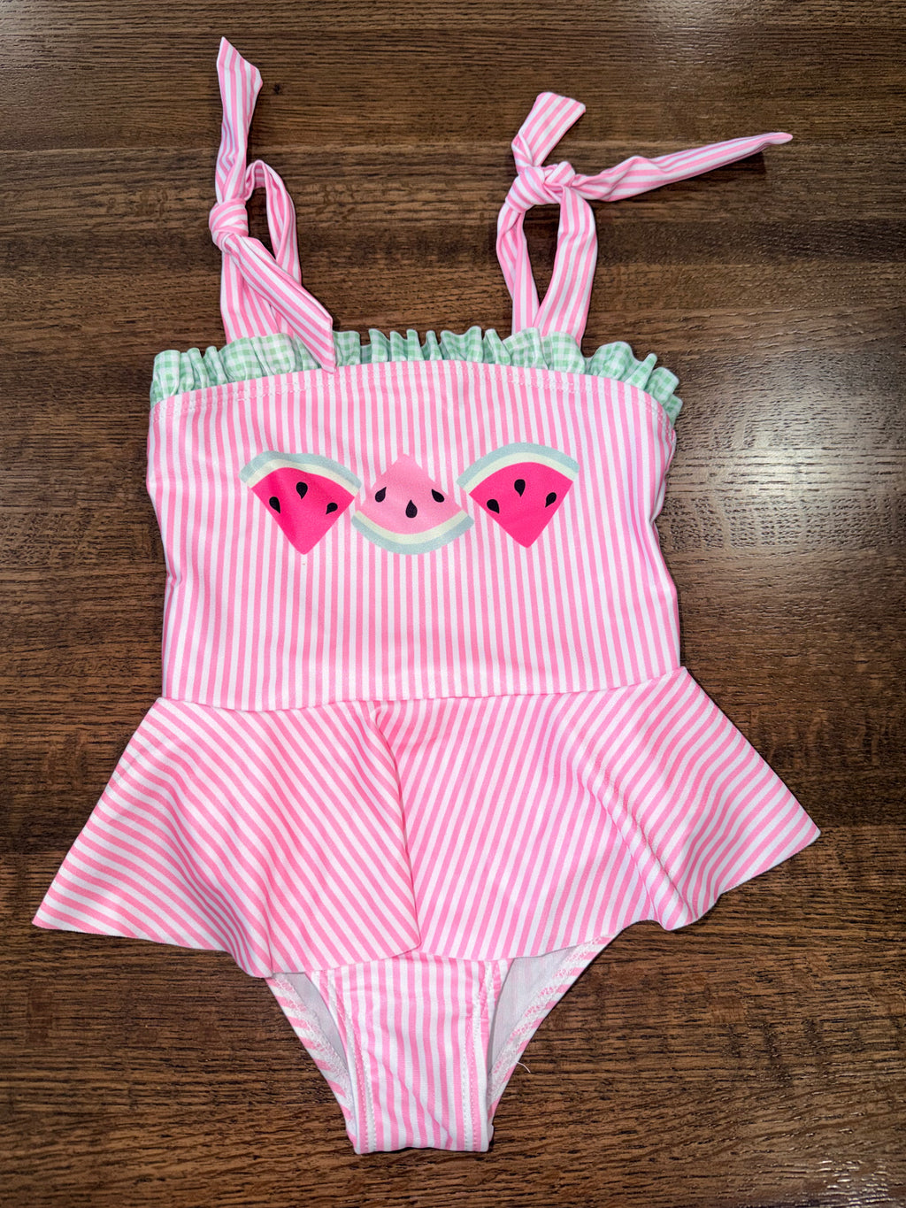 Pink Stripe Watermelon Ruffle Girl’s One Piece Swimsuit Size 3/4 New
