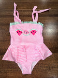 Pink Stripe Watermelon Ruffle Girl’s One Piece Swimsuit Size 3/4 New