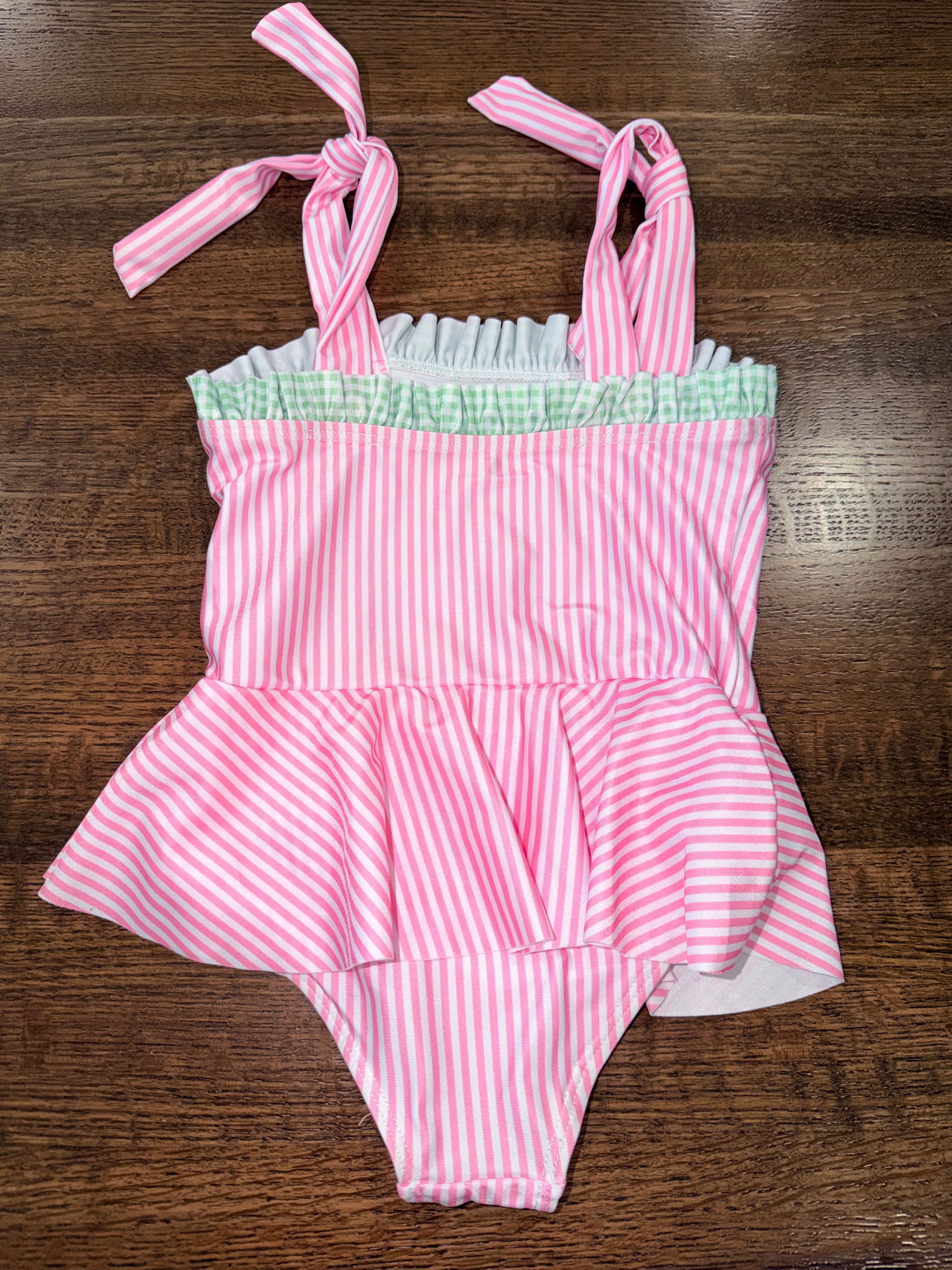 Pink Stripe Watermelon Ruffle Girl’s One Piece Swimsuit Size 3/4 New