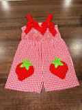 Strawberry Appliqué Girls Gingham Romper Size 6-9 Months New
