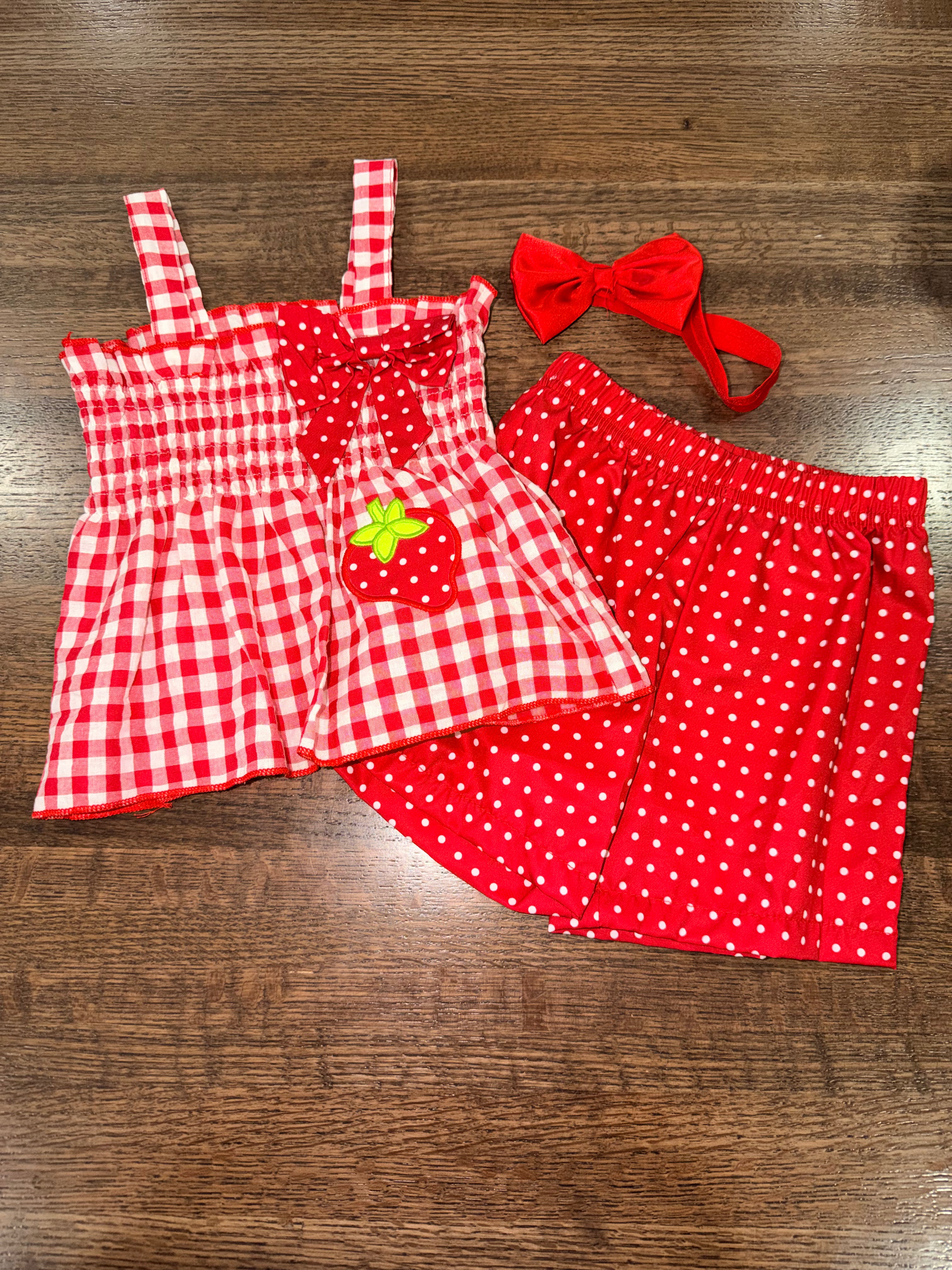 Strawberry Girls Gingham Top & Polka Dot Shorts Size 9-12 Months New