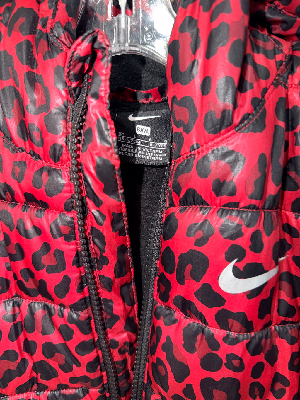 Nike Girl’s Just Do It Leopard Print Puffer Jacket with Hood Size 6X New Condition
