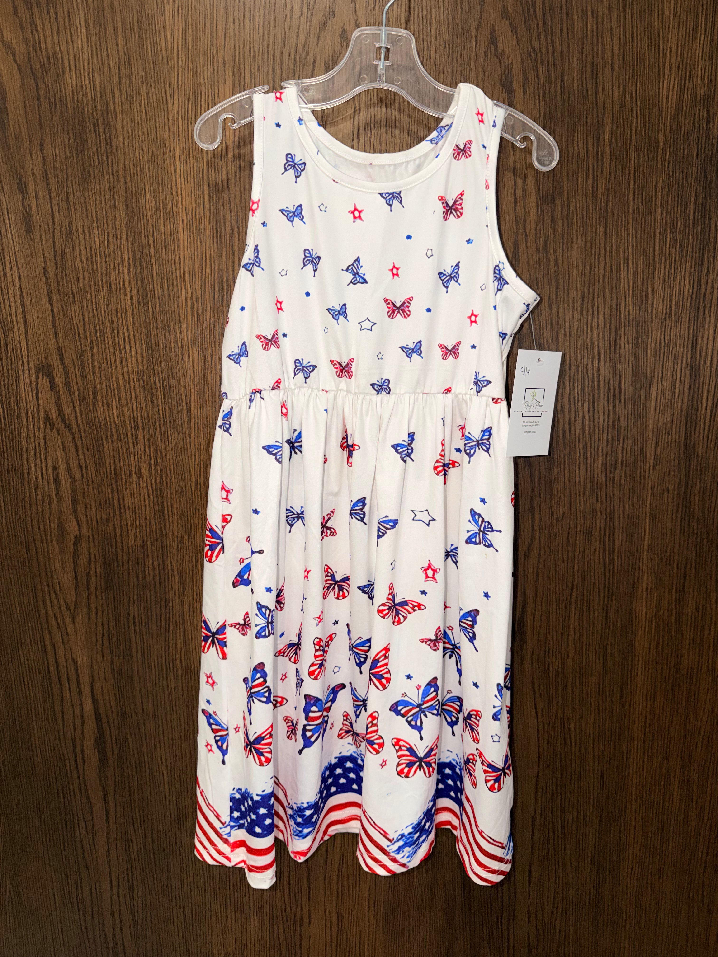 Red White & Blue Girls Butterflies Dress Size 5/6 New