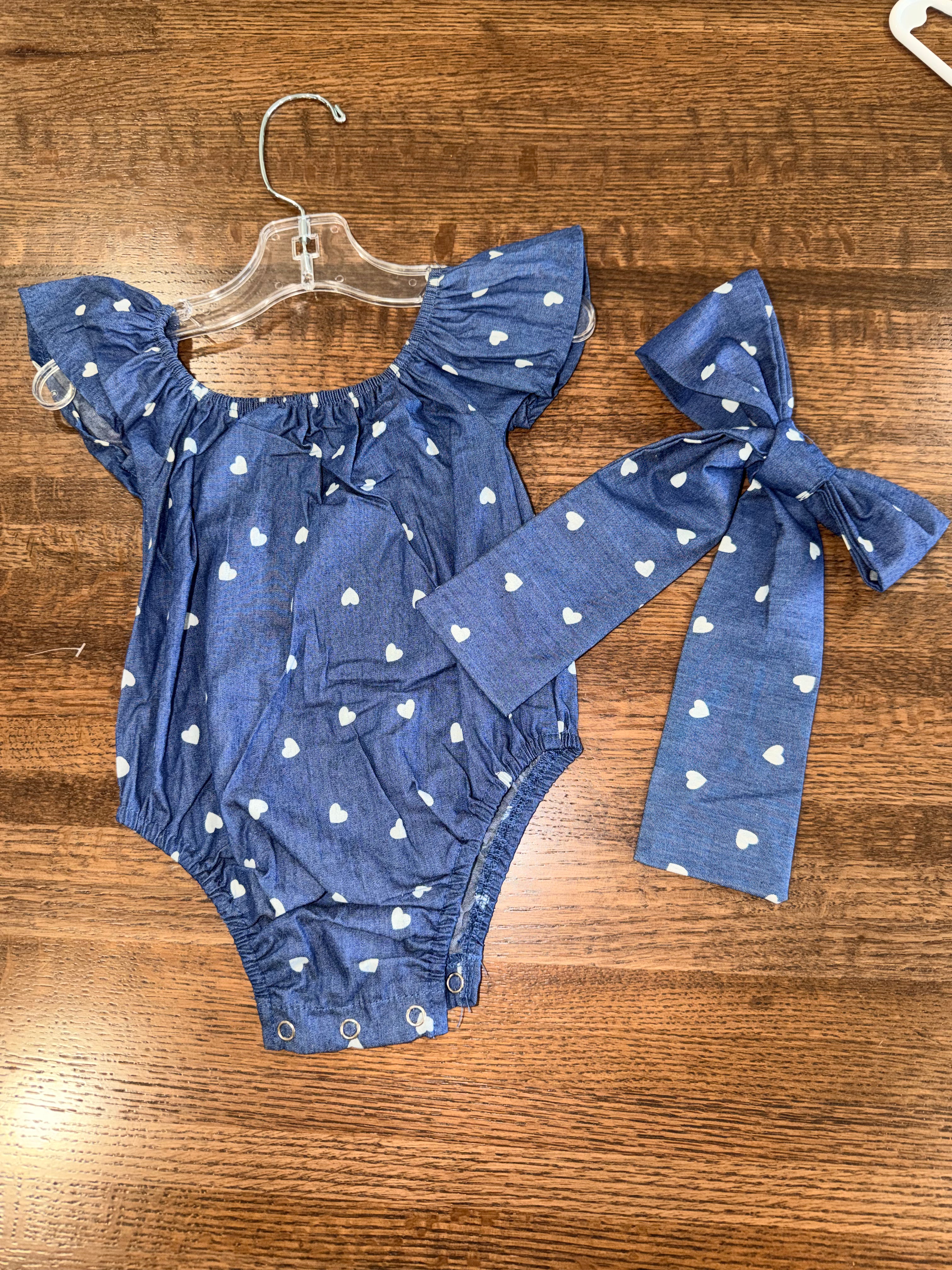 Denim Hearts Girls Bubble Romper 6-12 New