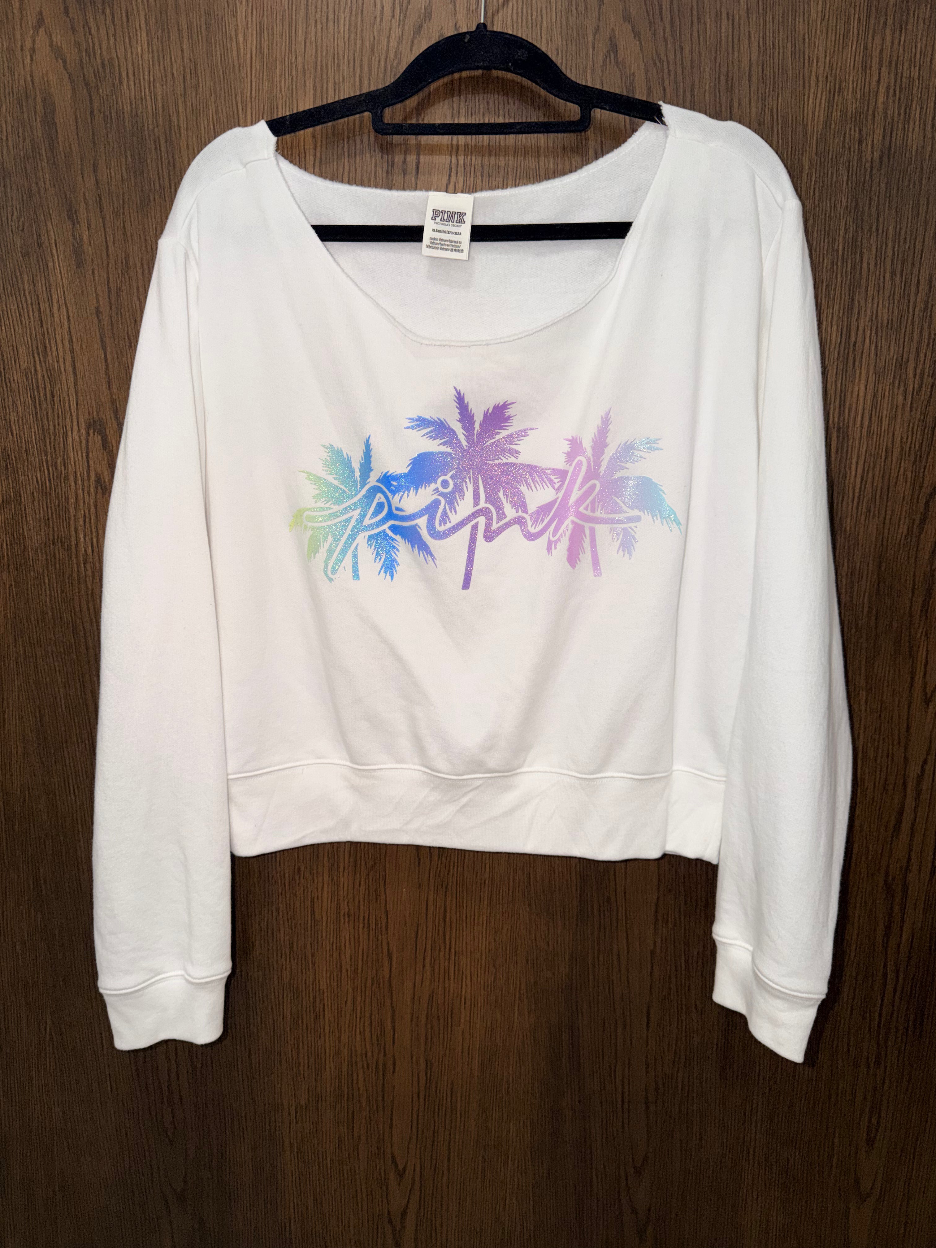 PINK Victoria's Secret Sweatshirt - White with Pastel Palm Design Size XL Like New