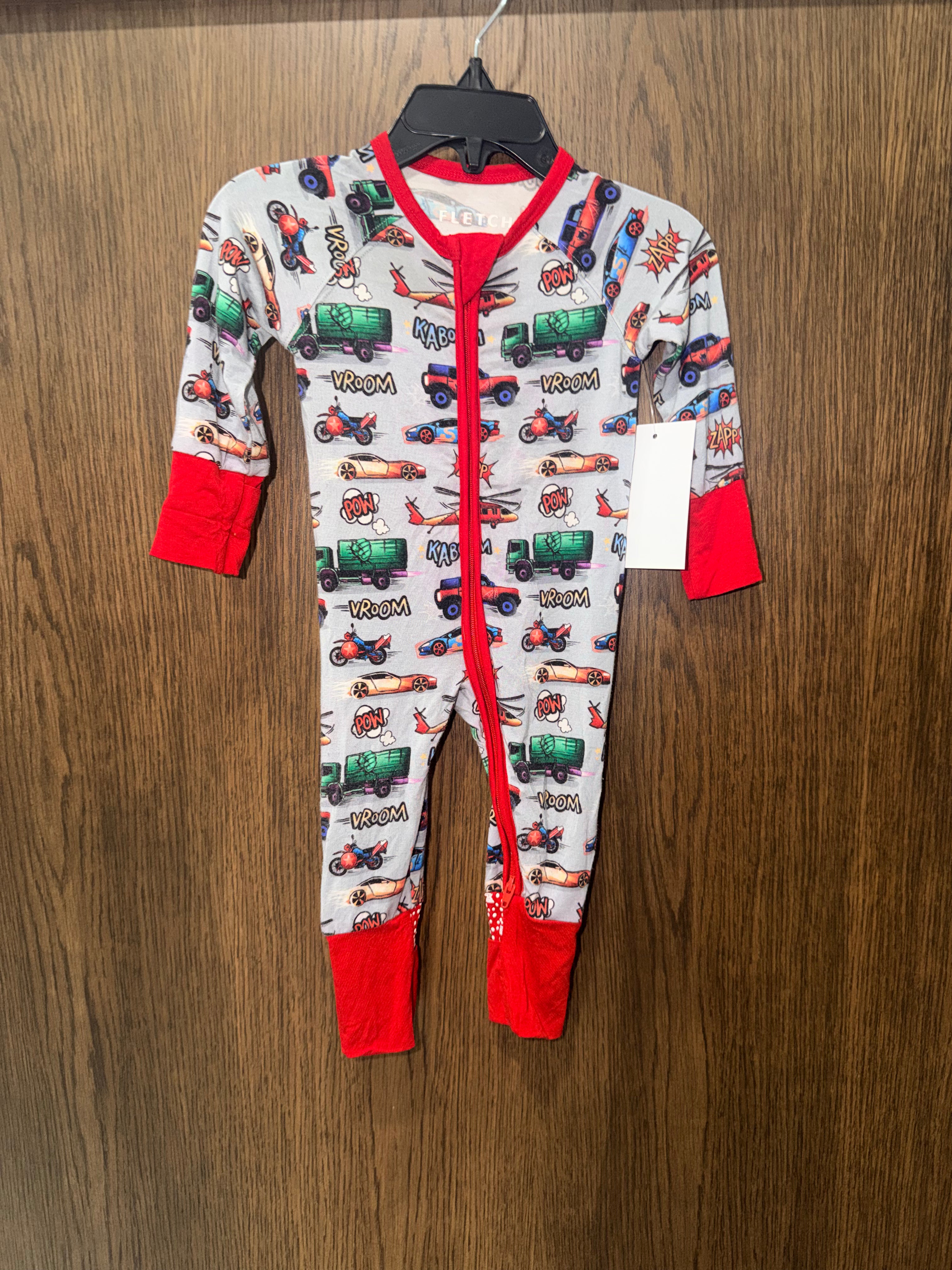 Fletch Boys Bamboo Vroom Pow Convertible Romper Pajamas Size 0-3 Months