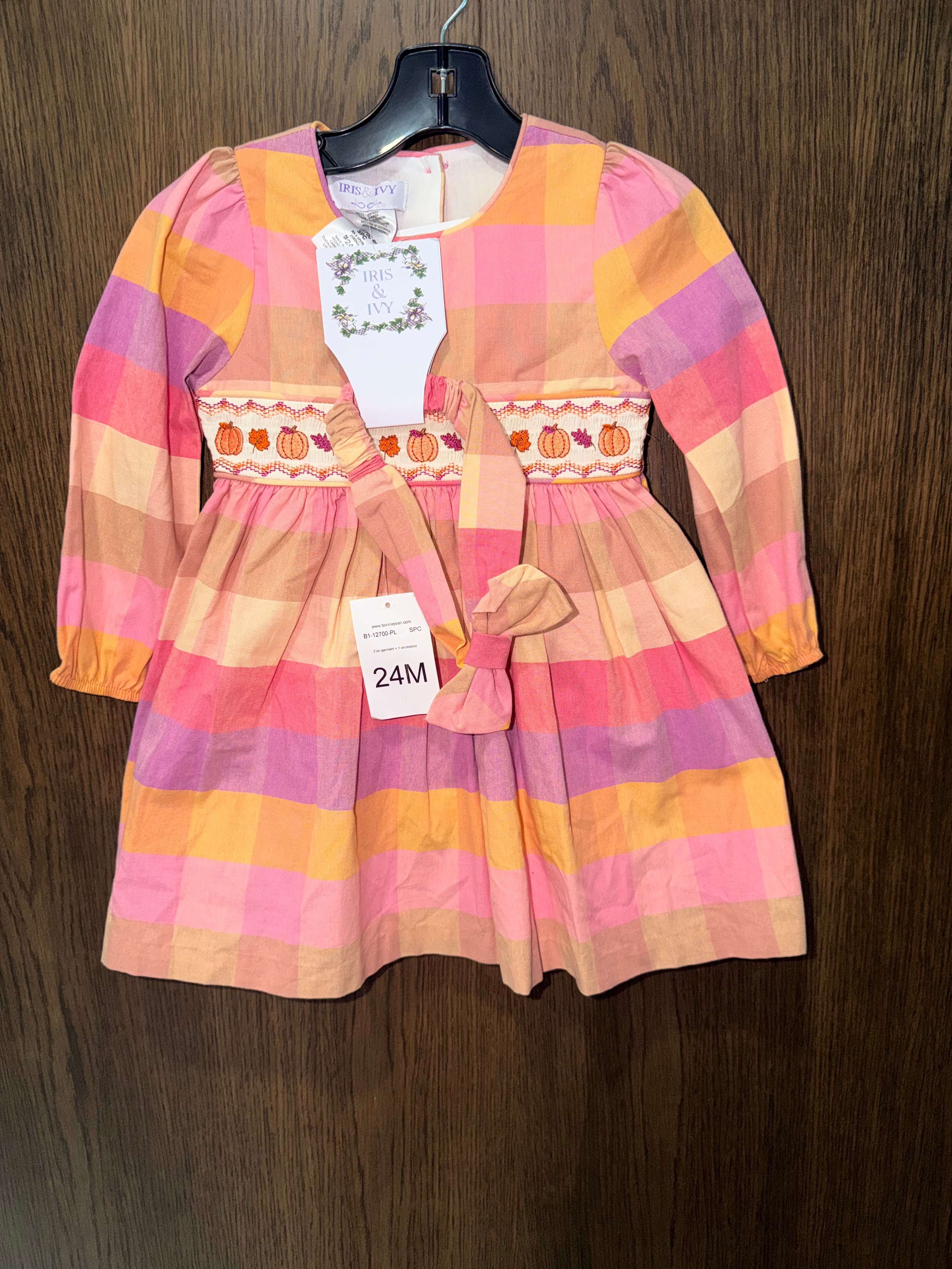 Iris & Ivy Smocked Fall Pumpkins Plaid Dress & Bow Size 24 Months NWT