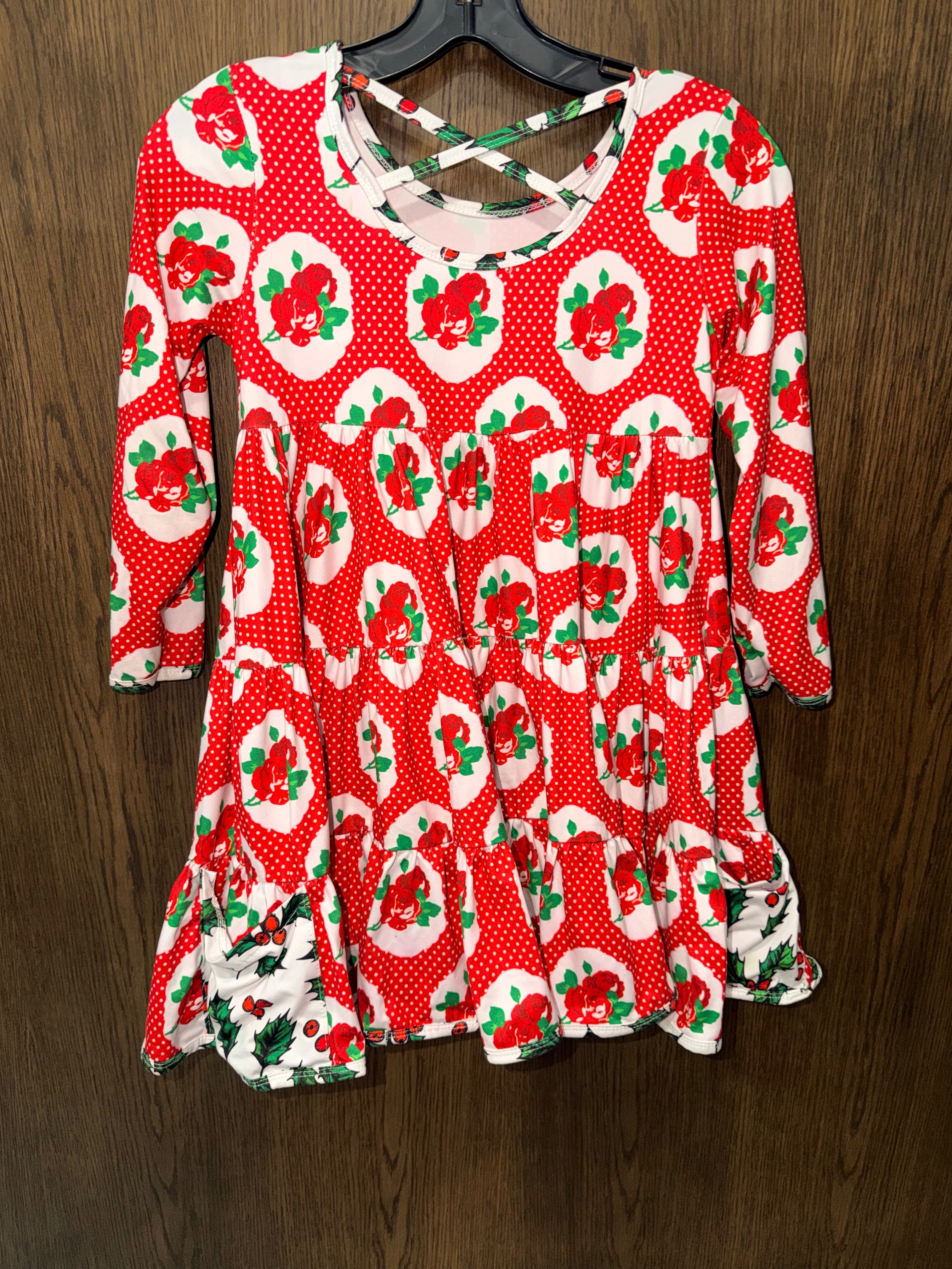 Sweet Caroline Girls Poinsetta & Polka Dots Christmas Twirl Dress Size 7/8