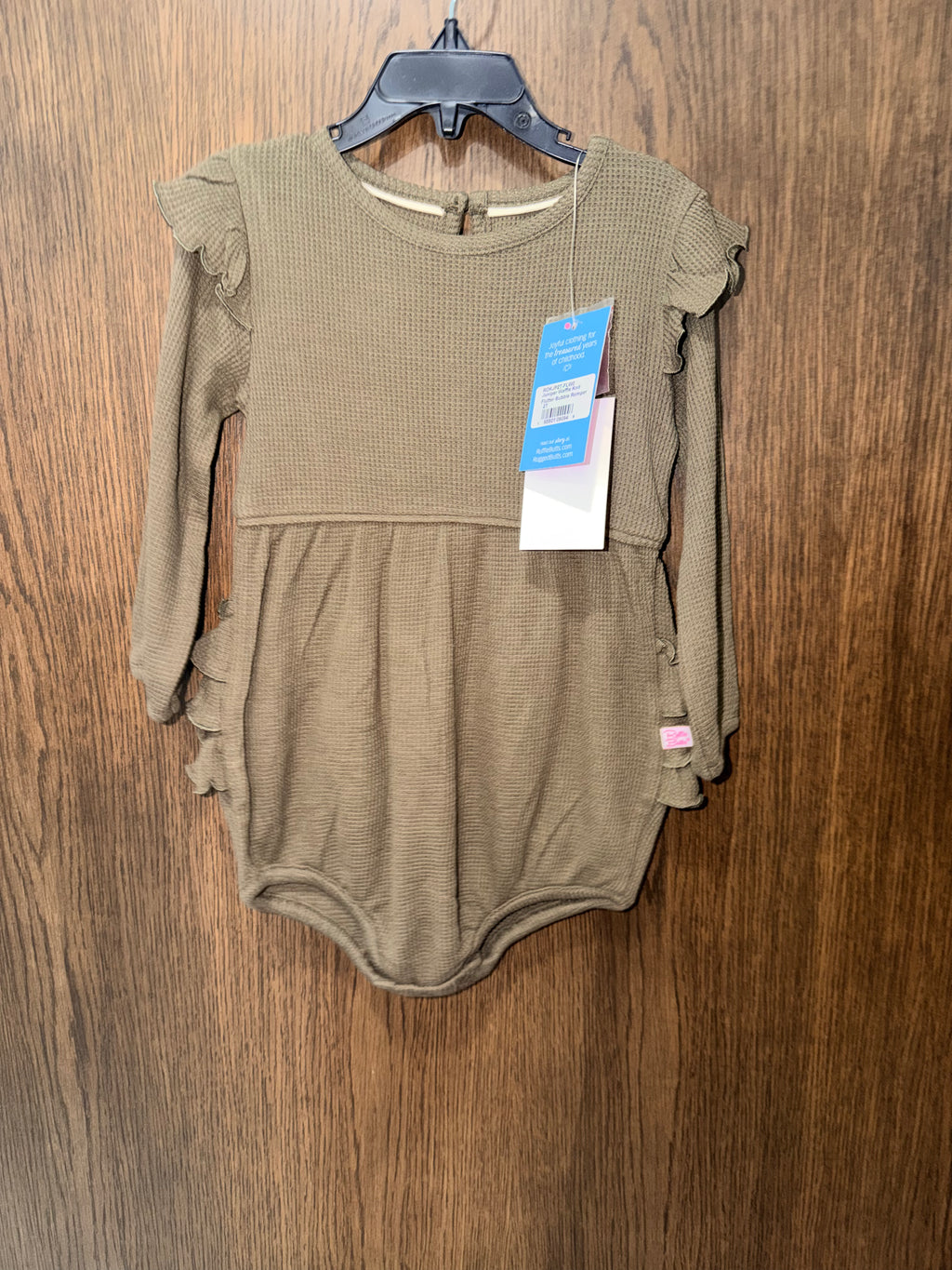 RuffleButts Olive Green Waffle Knit Long-Sleeve Flutter Bubble Romper Size 2T NWT