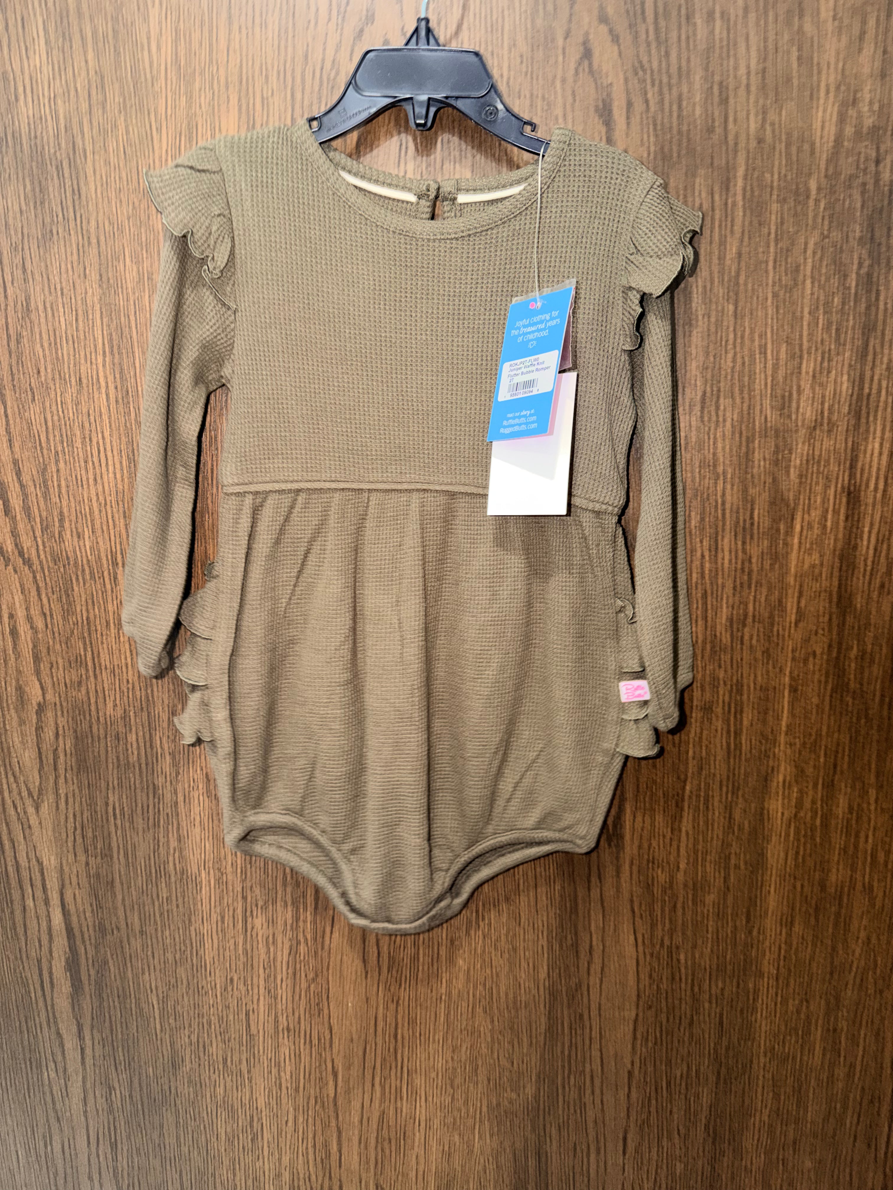 RuffleButts Olive Green Waffle Knit Long-Sleeve Flutter Bubble Romper Size 2T NWT