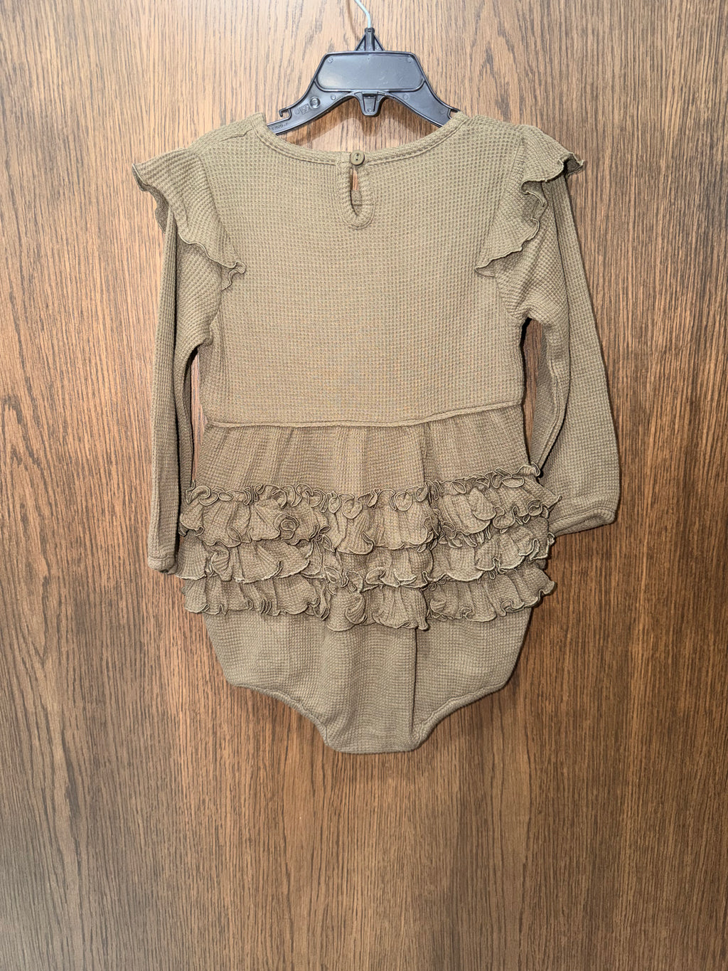 RuffleButts Olive Green Waffle Knit Long-Sleeve Flutter Bubble Romper Size 2T NWT