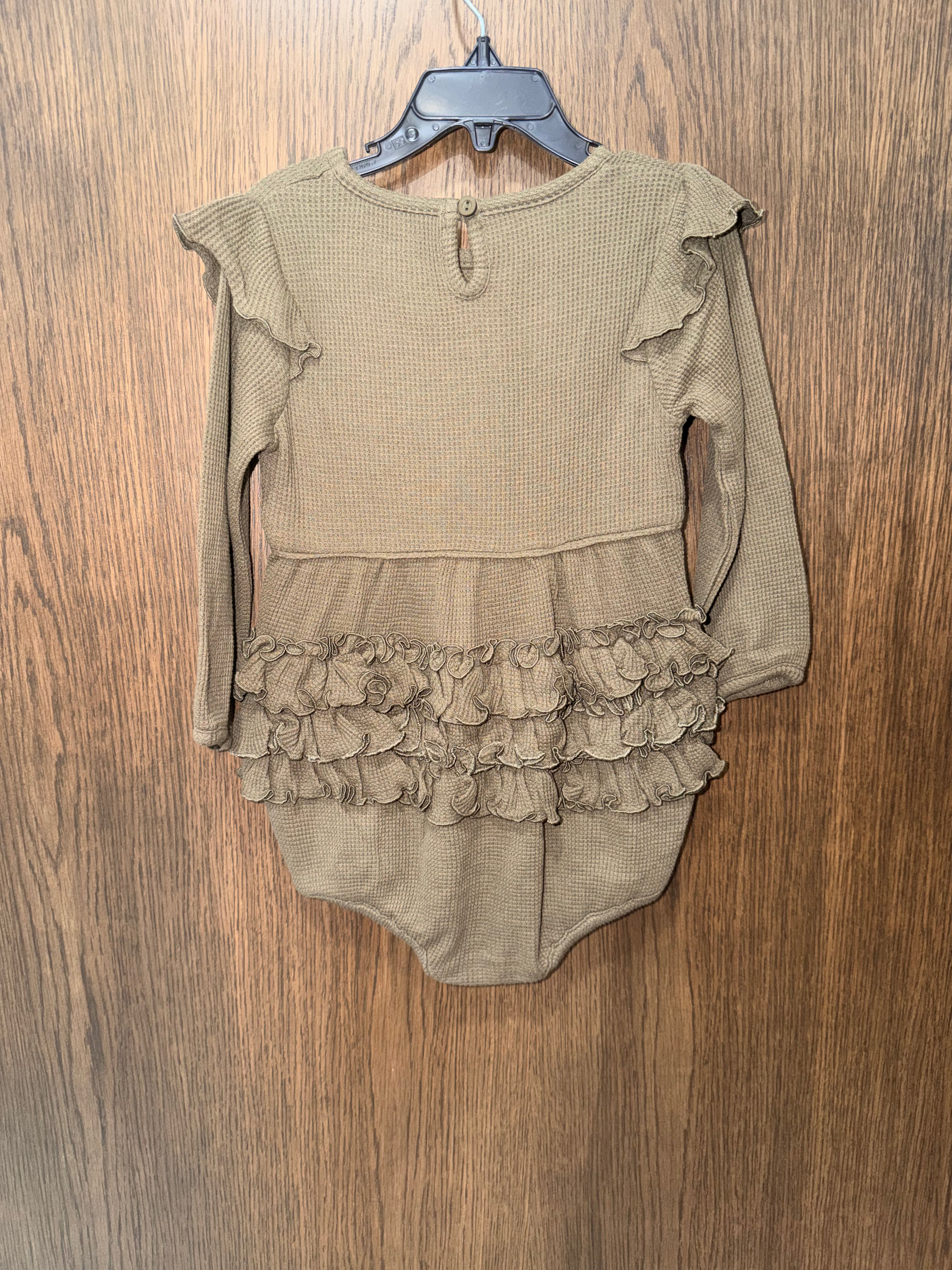 RuffleButts Olive Green Waffle Knit Long-Sleeve Flutter Bubble Romper Size 2T NWT