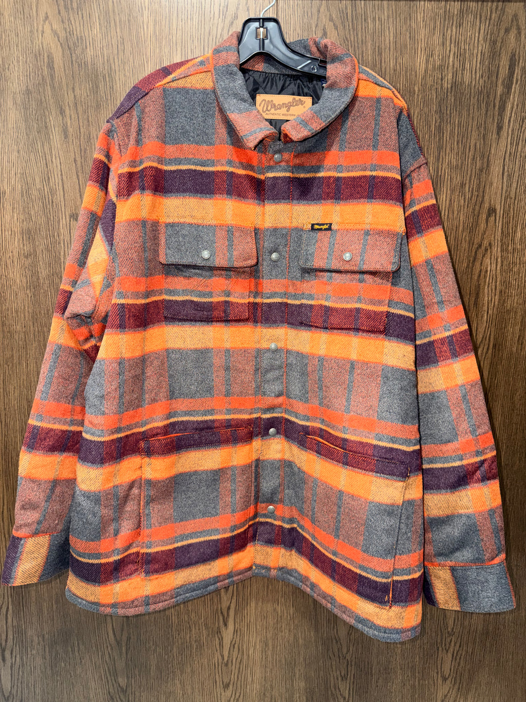 Wrangler Authentic Western Quilted Plaid Jacket Mens XXL Orange Burgundy Snap NWOT
