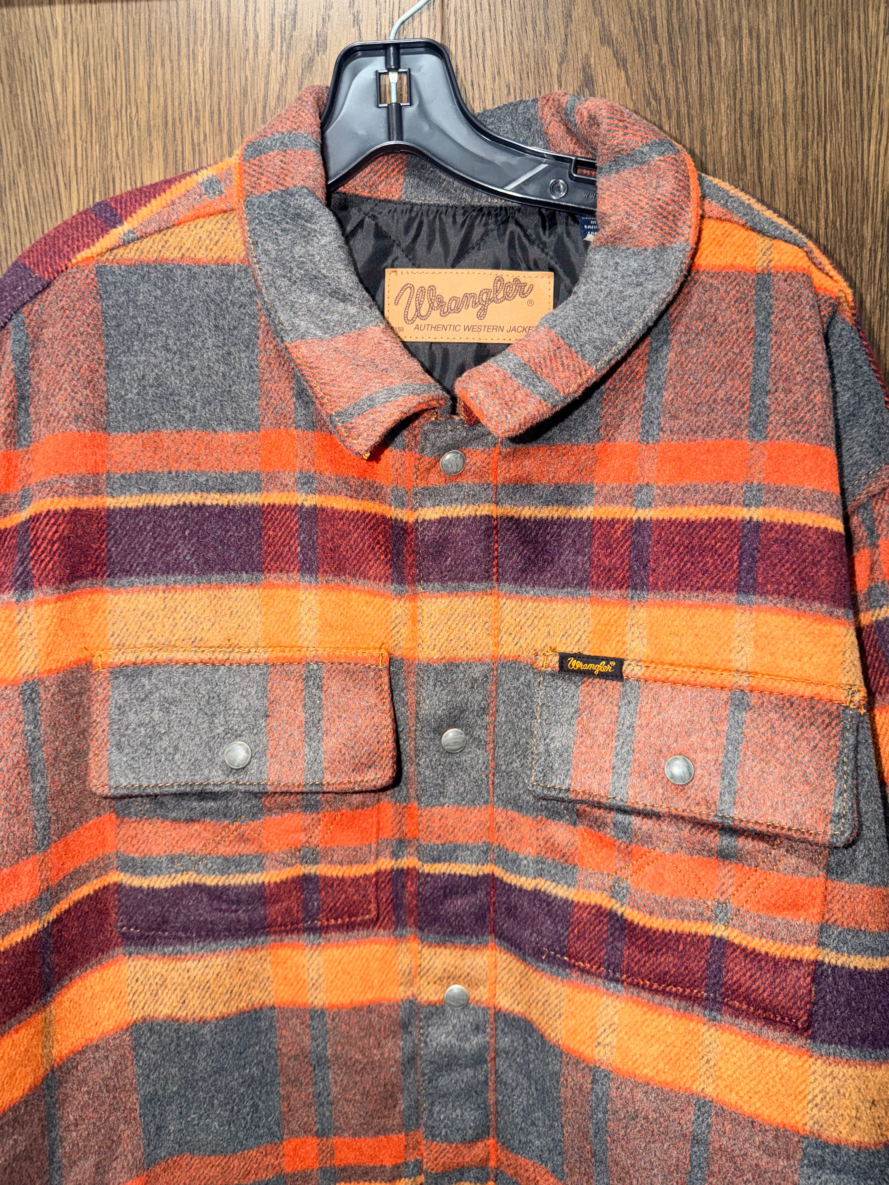 Wrangler Authentic Western Quilted Plaid Jacket Mens XXL Orange Burgundy Snap NWOT