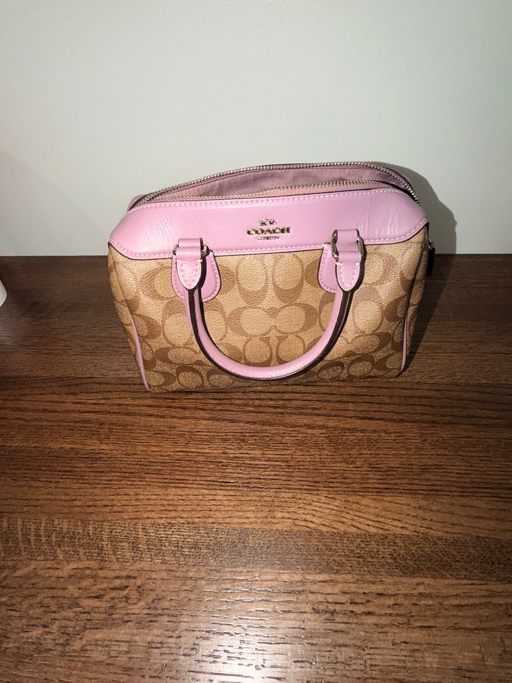Coach Mini Bennett Satchel F32203 Signature Canvas Khaki Pink Top Handle Bag
