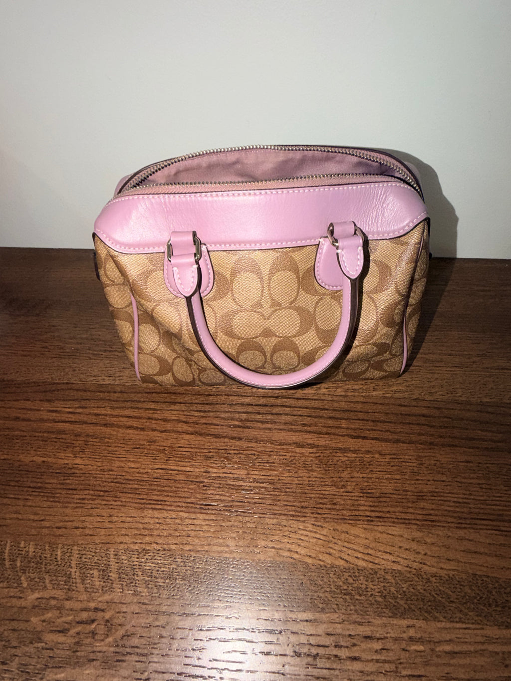 Coach Mini Bennett Satchel F32203 Signature Canvas Khaki Pink Top Handle Bag