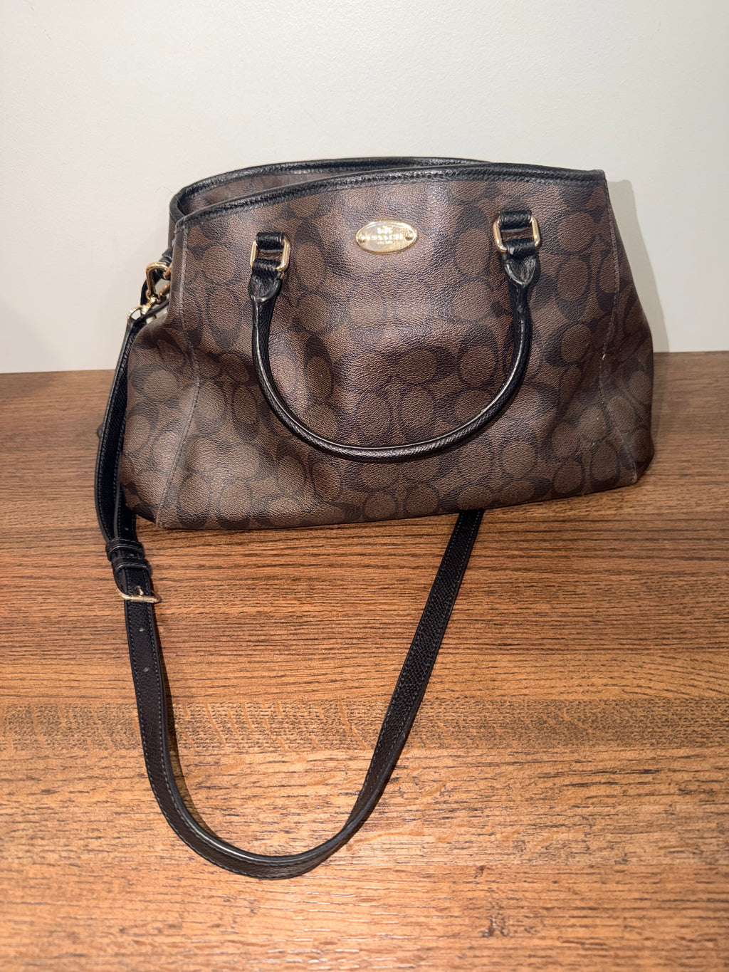 Coach Lillie Carryall 91495 Signature Canvas Brown Black Satchel Crossbody Bag