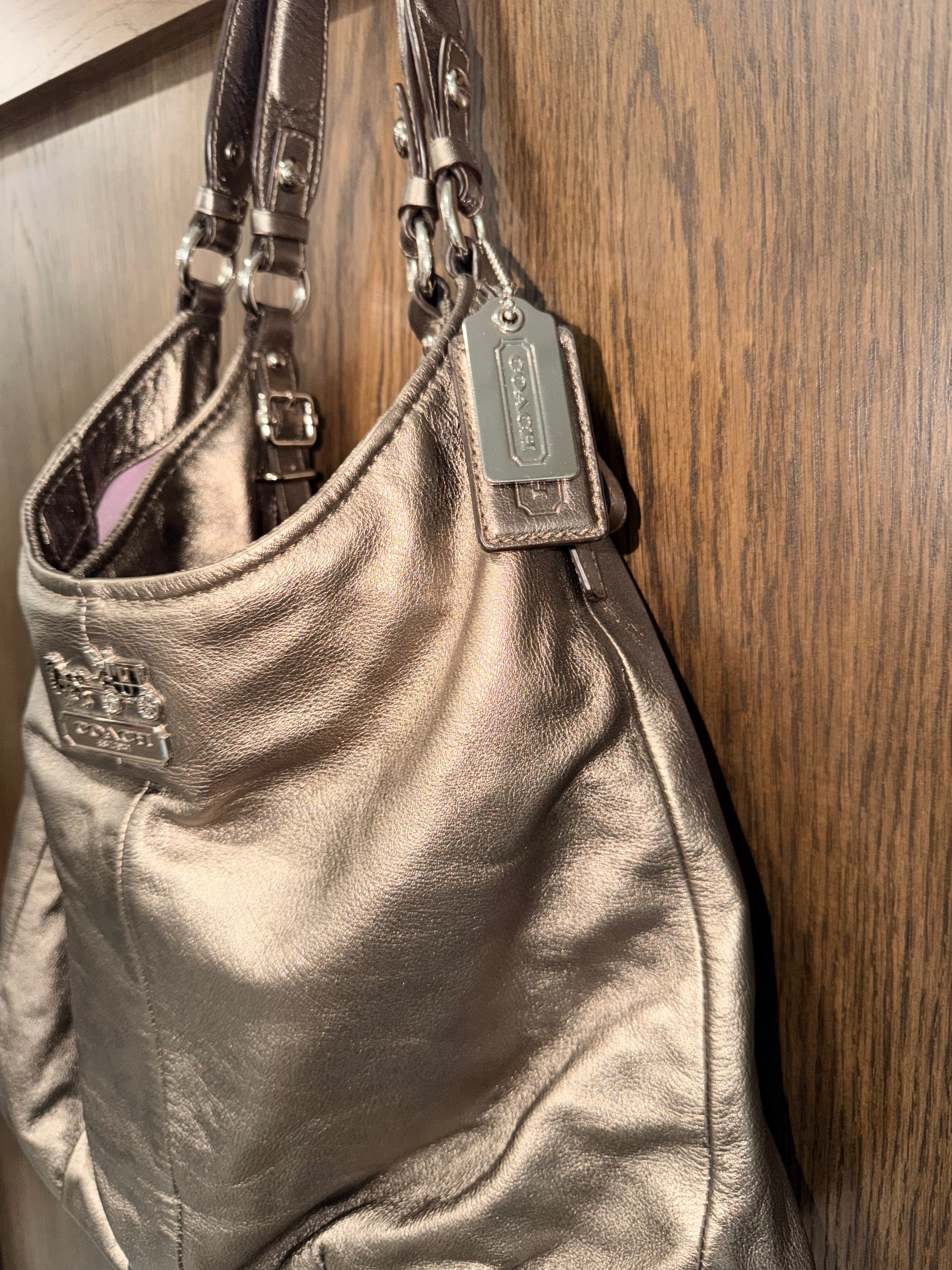 Coach Madison 15958 Metallic Leather Large Shoulder Hobo Bag Bronze Purple Satin Lining Y2K