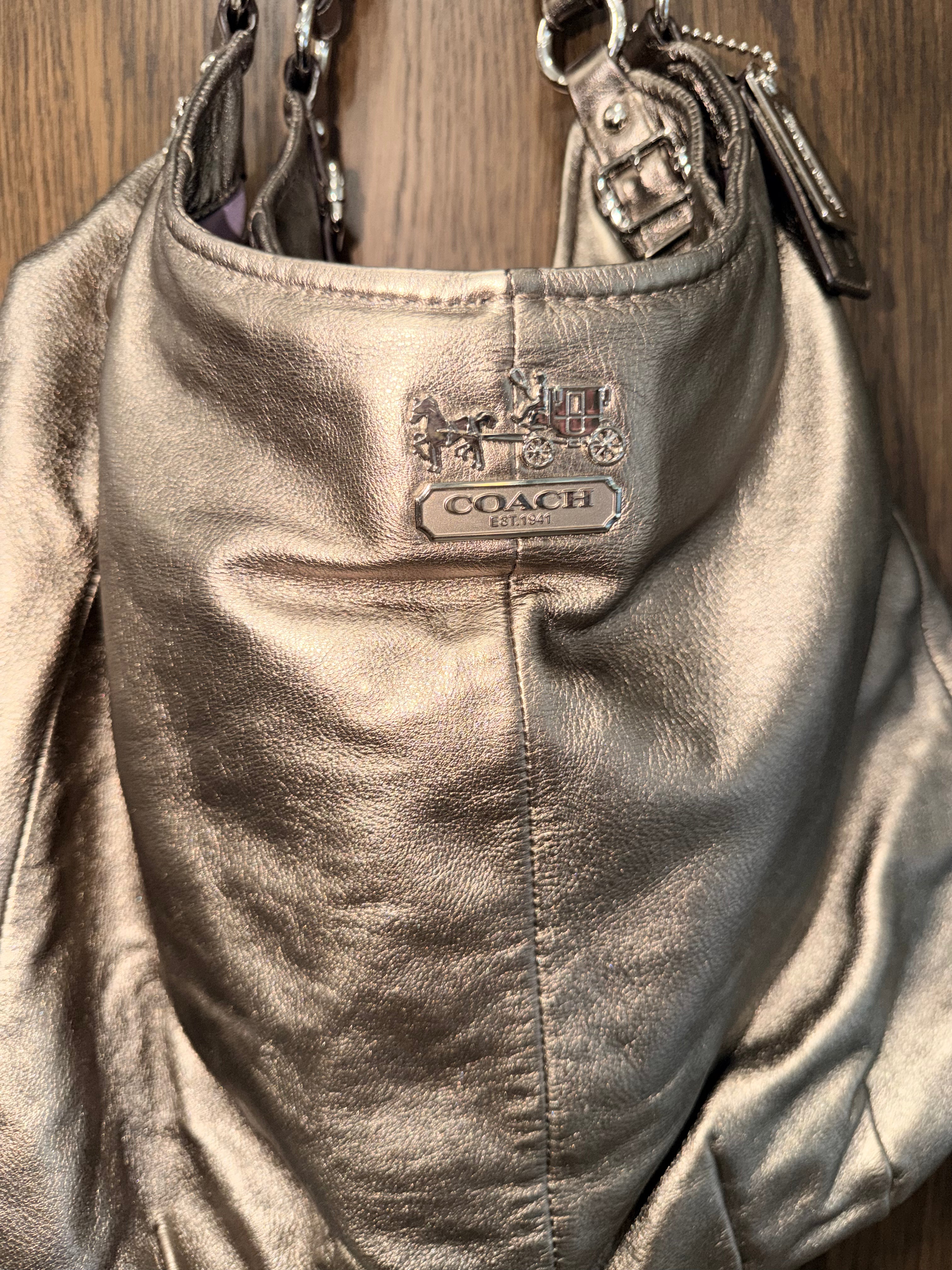Coach Madison 15958 Metallic Leather Large Shoulder Hobo Bag Bronze Purple Satin Lining Y2K