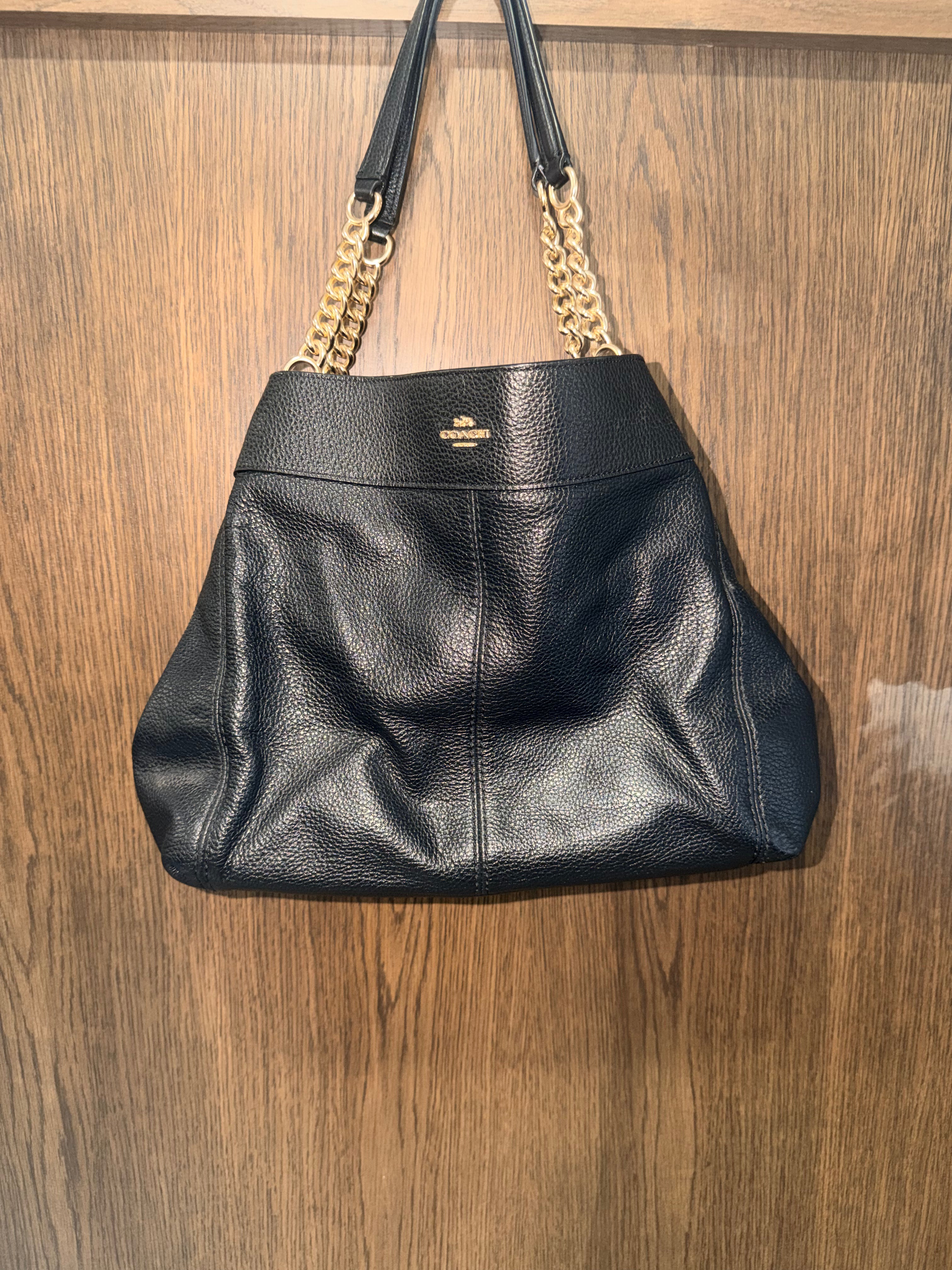 Coach F28990 Black Pebbled Leather Hobo Shoulder Bag Gold Chain 2014