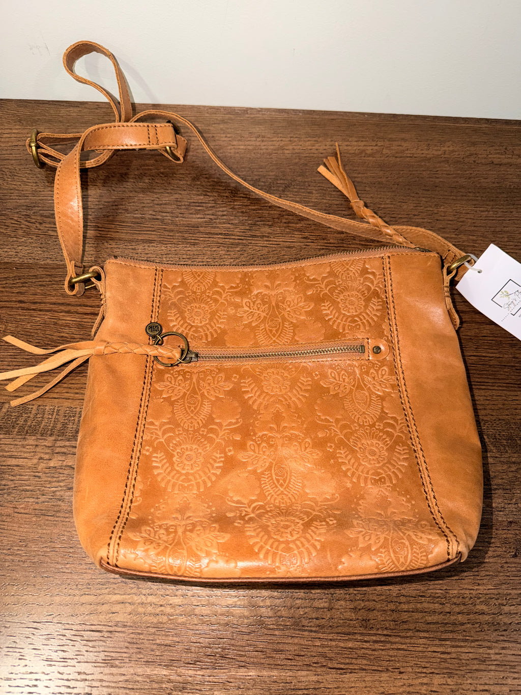 The Sak Ashland Leather Crossbody Tobacco Floral Embossed Tan Boho Bag