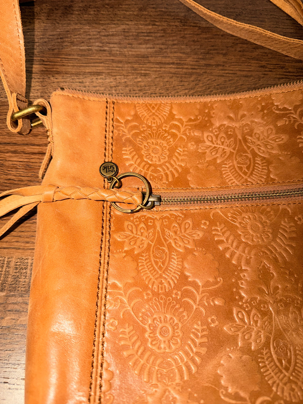 The Sak Ashland Leather Crossbody Tobacco Floral Embossed Tan Boho Bag