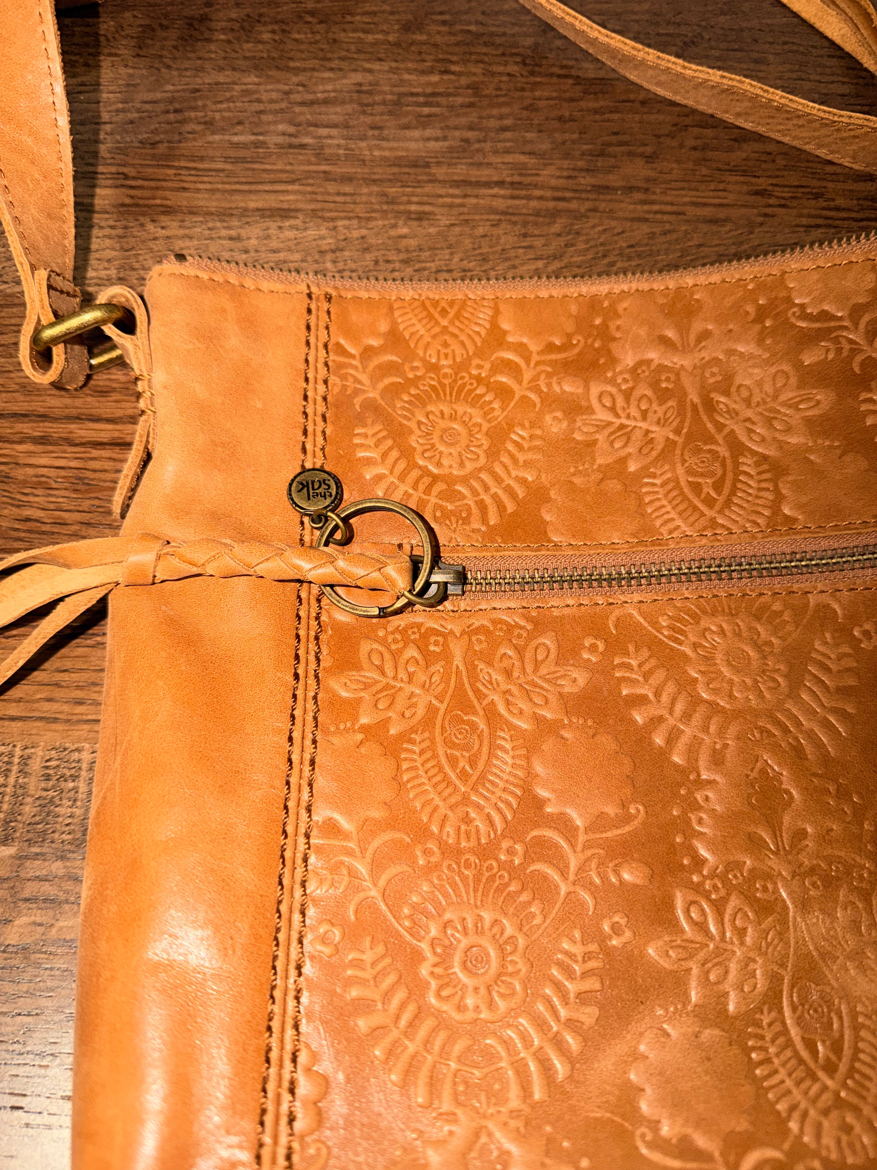 The Sak Ashland Leather Crossbody Tobacco Floral Embossed Tan Boho Bag