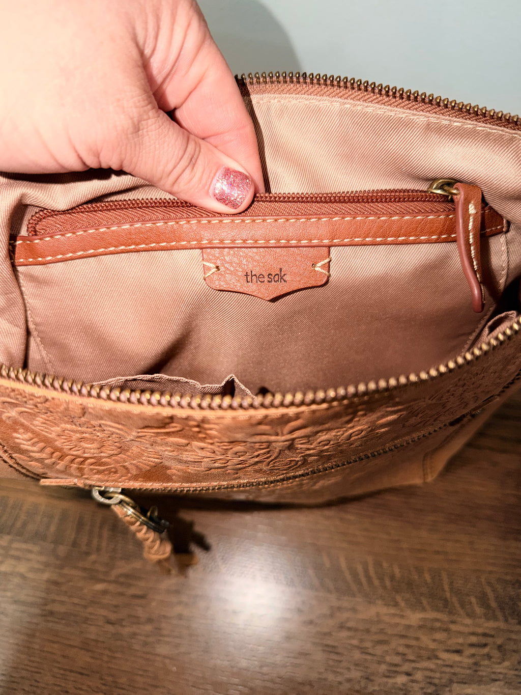 The Sak Ashland Leather Crossbody Tobacco Floral Embossed Tan Boho Bag