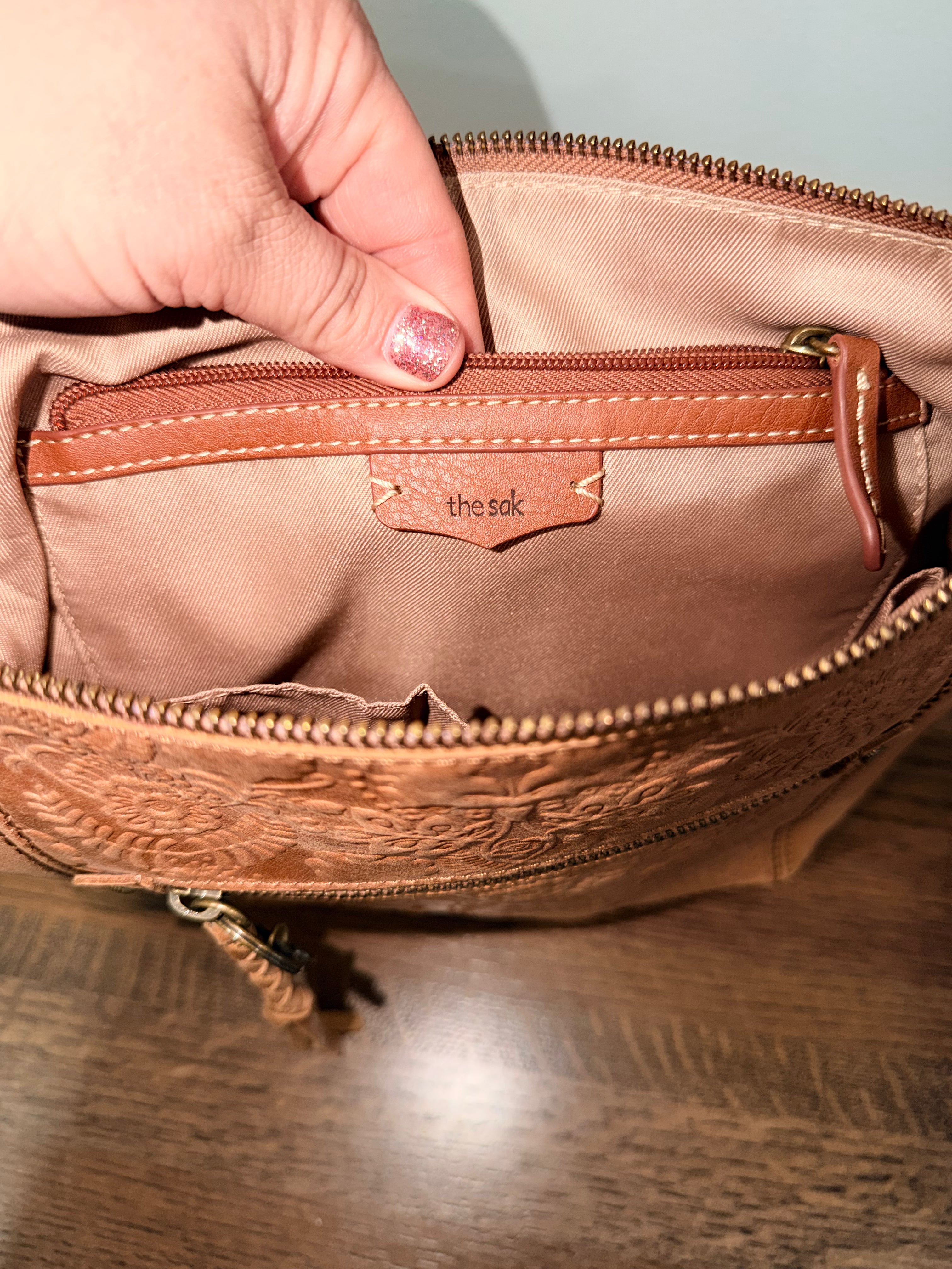 The Sak Ashland Leather Crossbody Tobacco Floral Embossed Tan Boho Bag