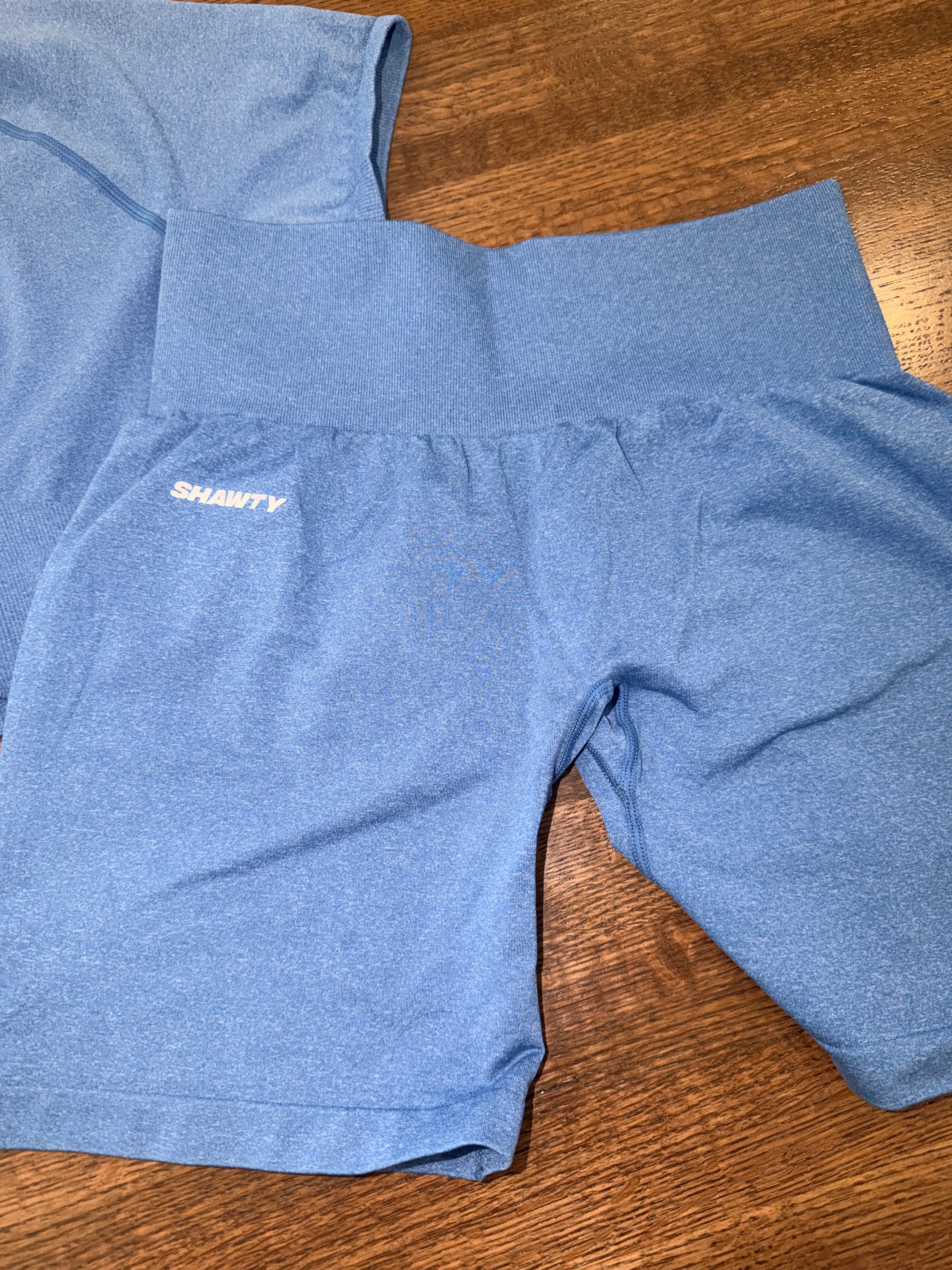 SHAWTY SW Activewear Women’s Blue Seamless Crop Top Biker Shorts Set Size Medium