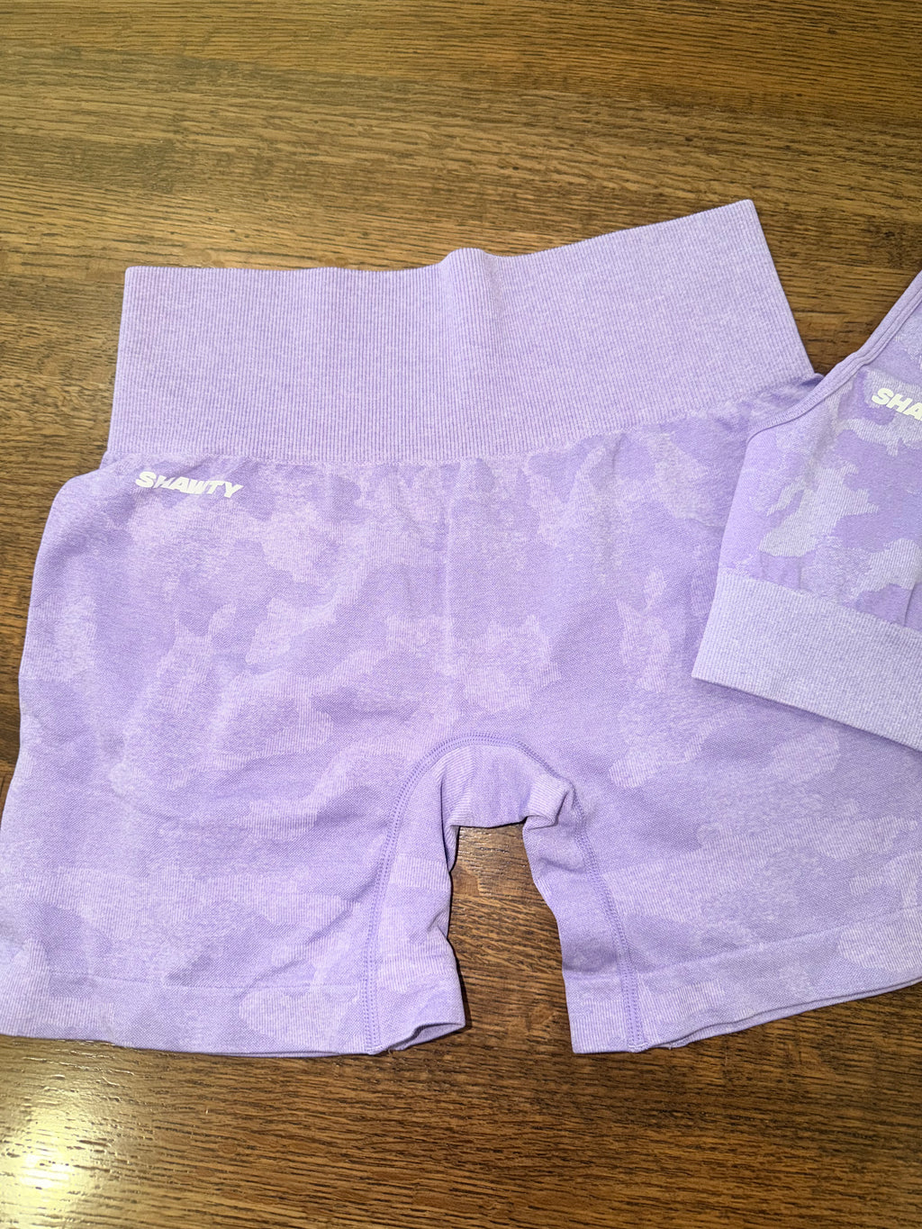 SHAWTY SW Activewear Women’s  Purple Camo Seamless Bra & Biker Shorts Set Size Medium