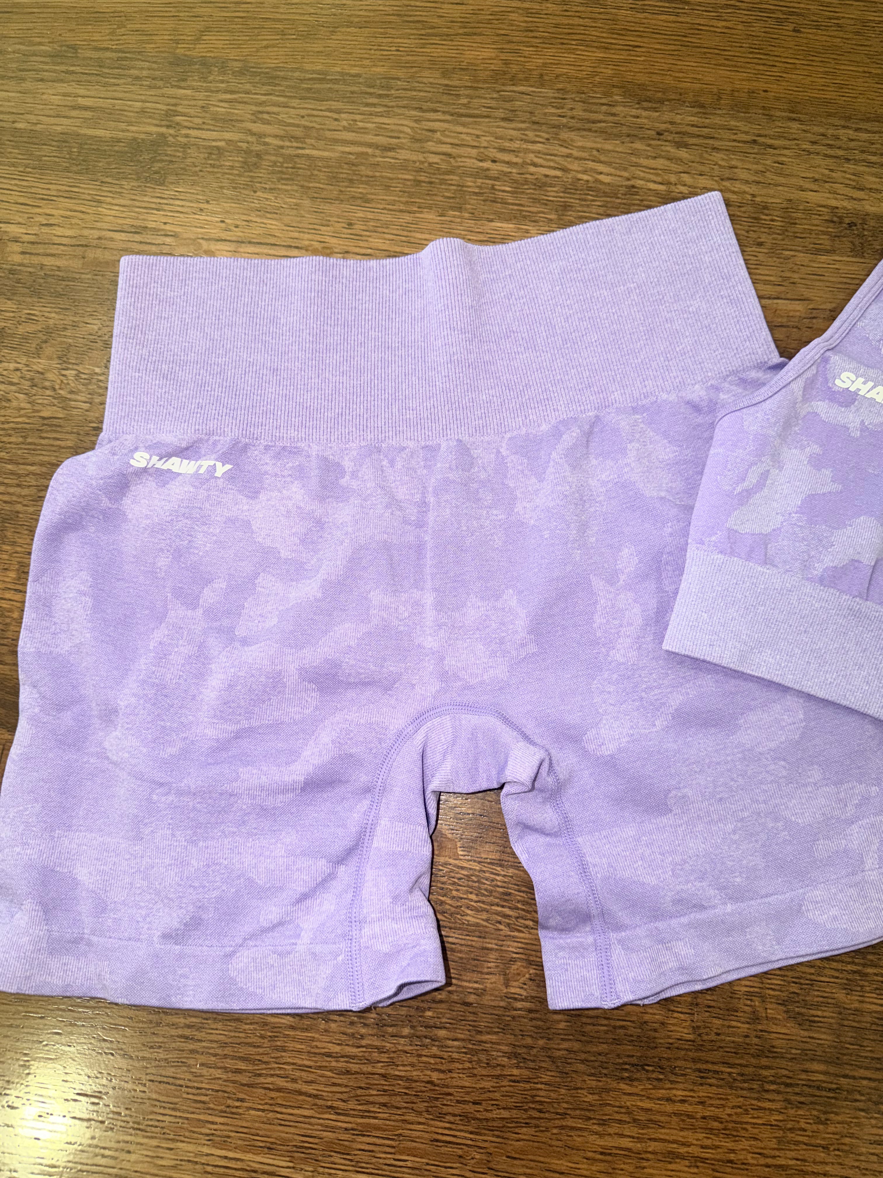 SHAWTY SW Activewear Women’s  Purple Camo Seamless Bra & Biker Shorts Set Size Medium