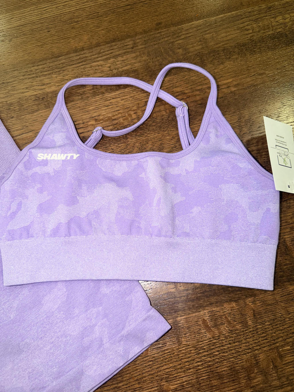 SHAWTY SW Activewear Women’s  Purple Camo Seamless Bra & Biker Shorts Set Size Medium