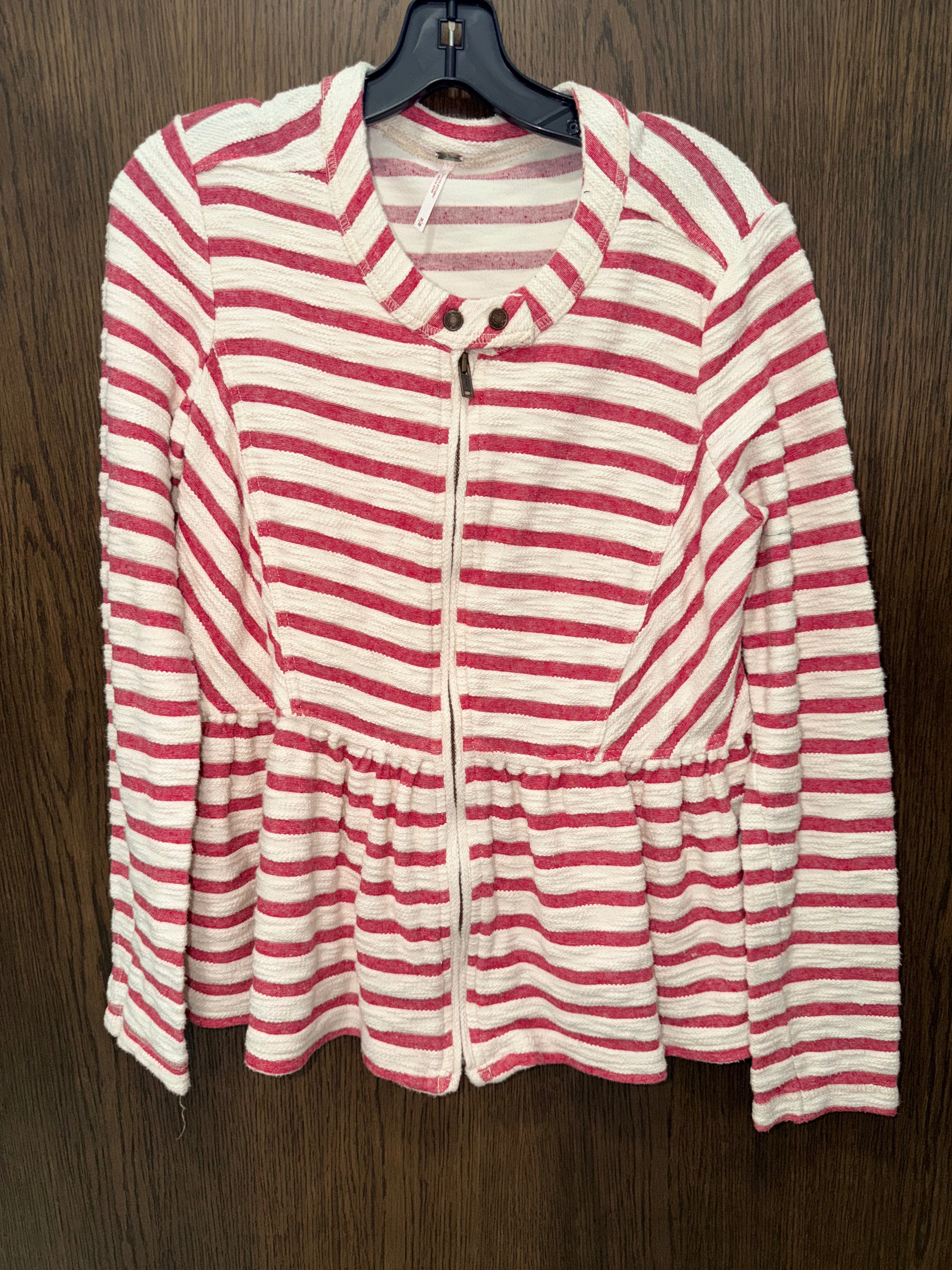 Free People Women’s Medium Red Ivory Striped Peplum Zip Jacket French Terry Medium