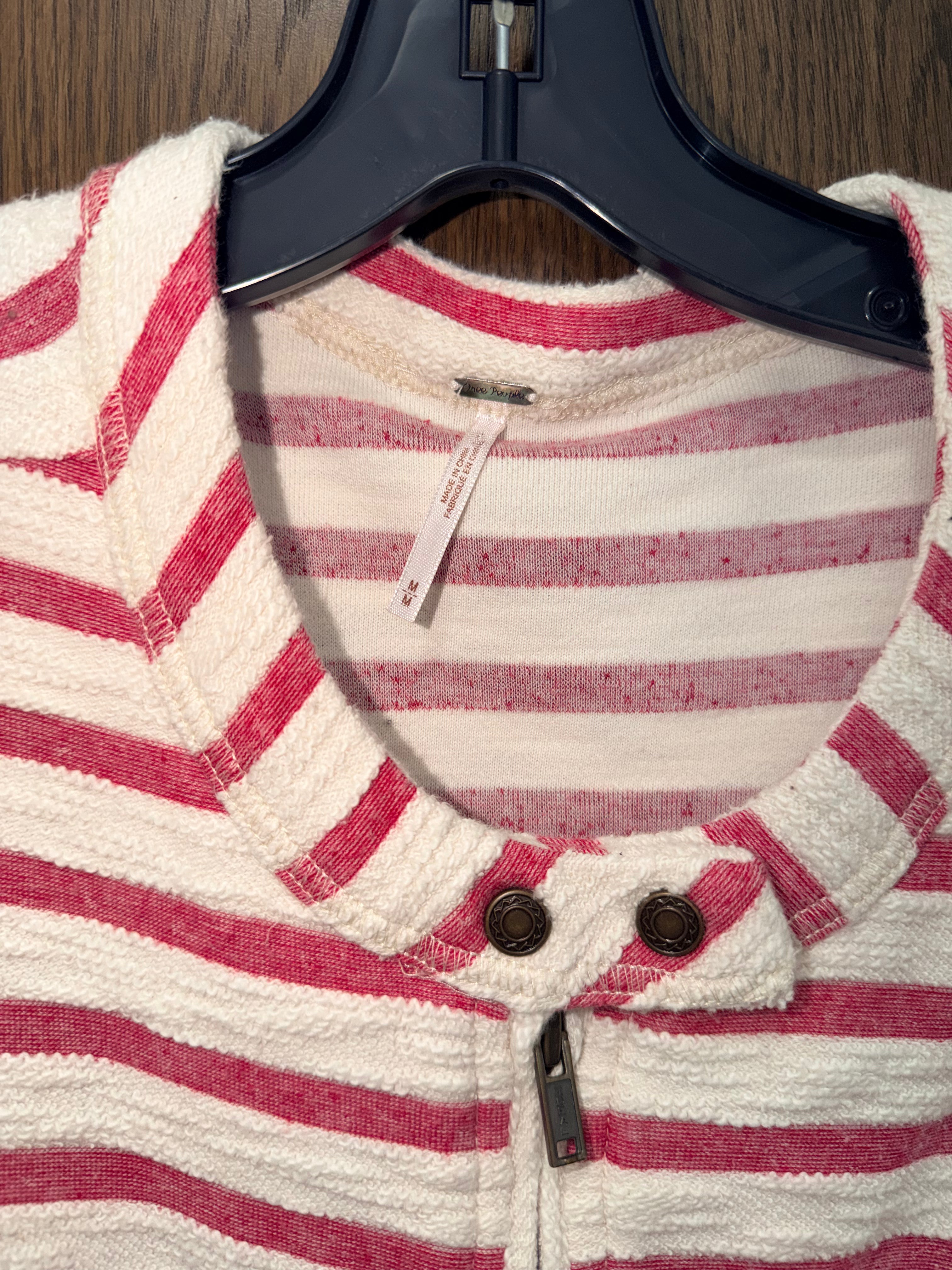 Free People Women’s Medium Red Ivory Striped Peplum Zip Jacket French Terry Medium