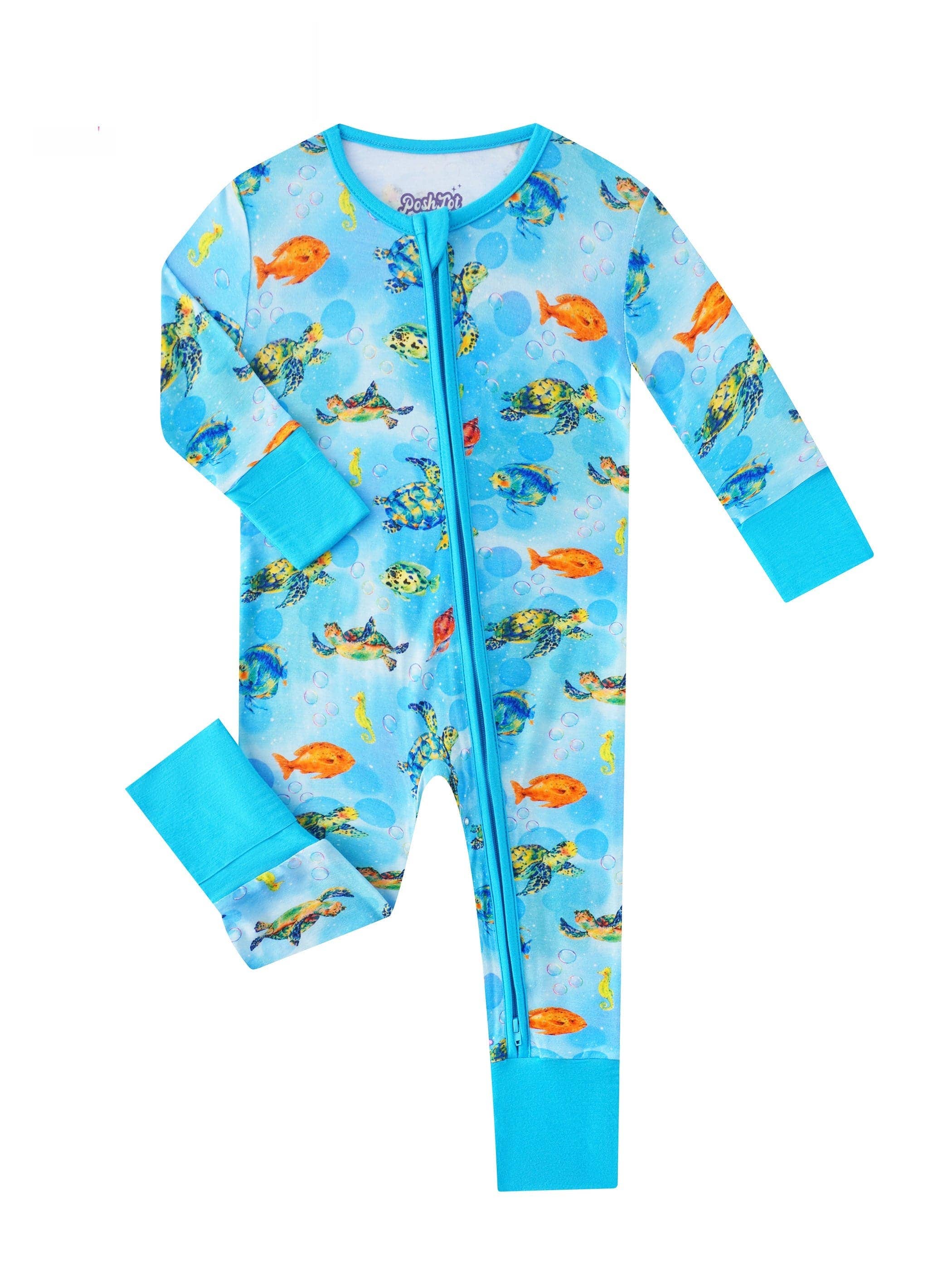 PoshTOT Sea Turtle Bamboo Baby Convertible Zippy Romper: 12-18M