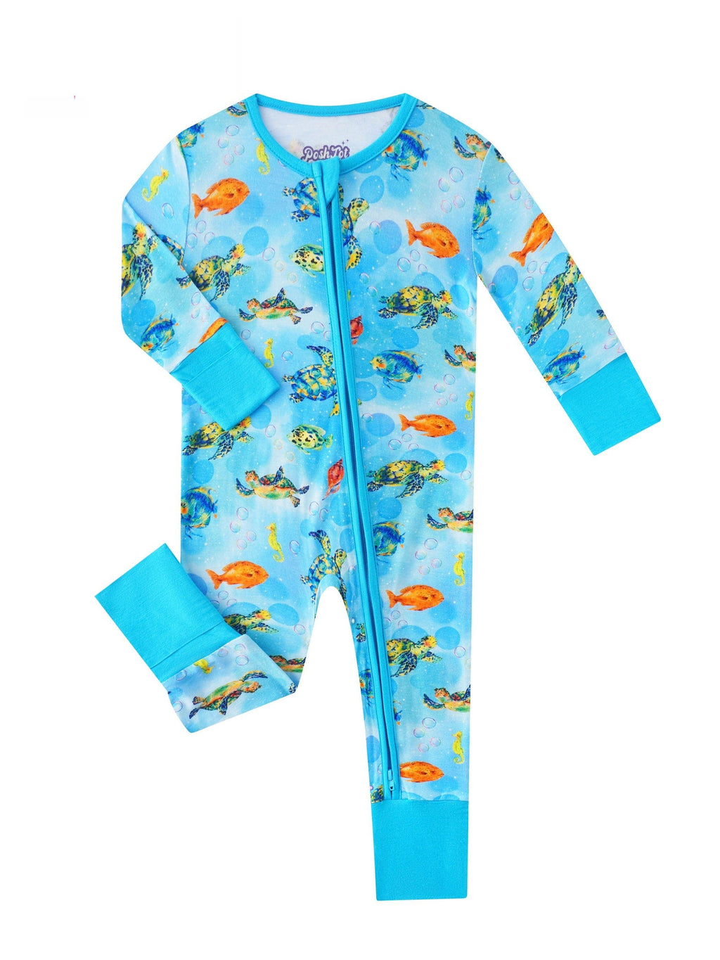 PoshTOT Sea Turtle Bamboo Baby Convertible Zippy Romper: 3-6M